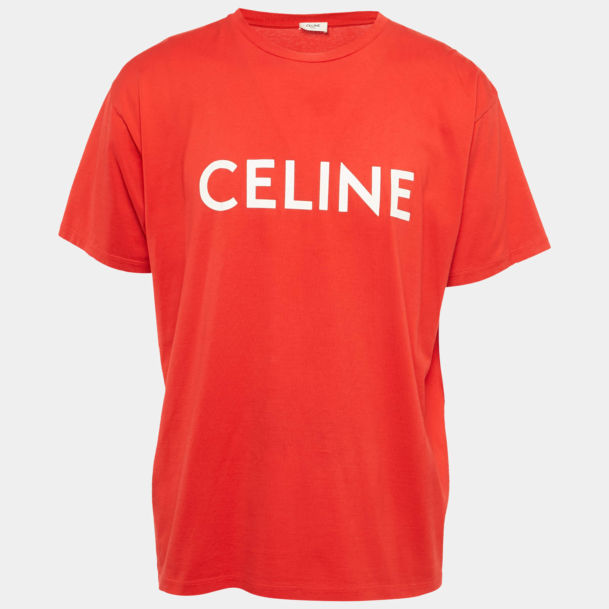 Pre Owned Celine Red Logo Print Jersey Crewneck T-Shirt L