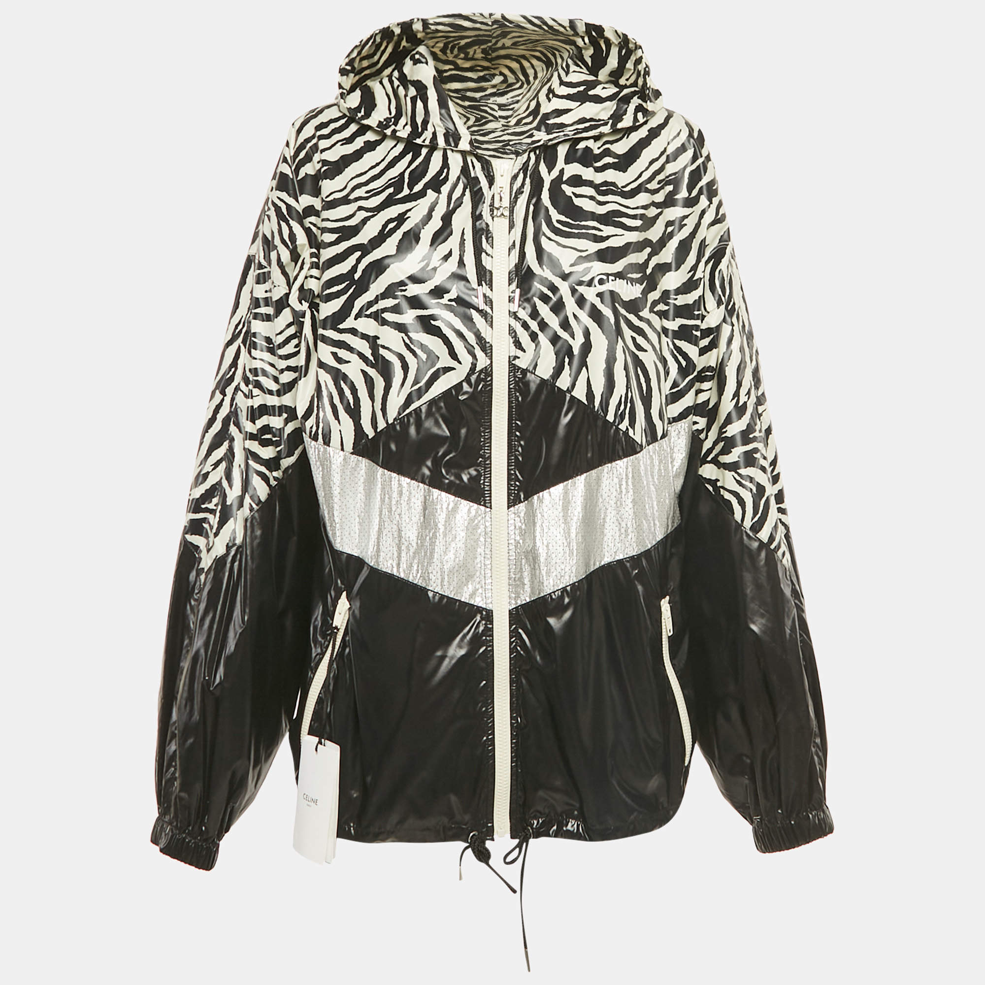 Pre Owned Celine Black Black /White Zebra Print Nylon Loose Cut Hooded Jacket XL