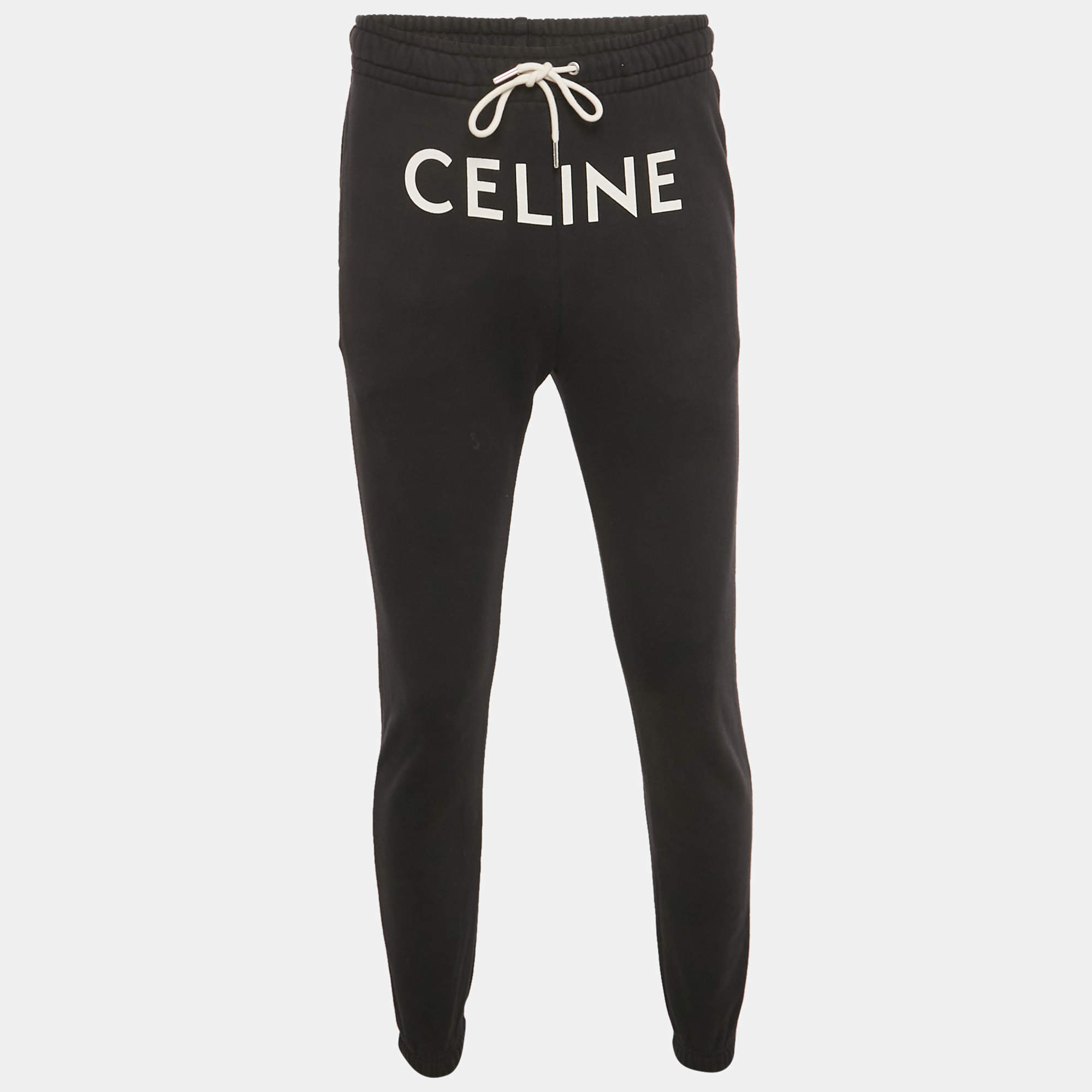 Pre Owned Celine Black Logo Print Cotton Track Pants S