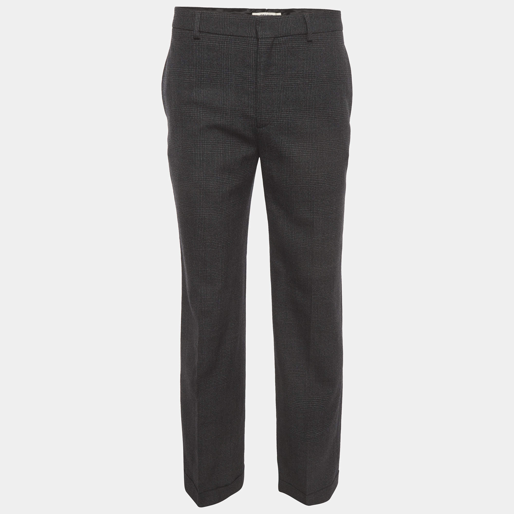 مملوكة مسبقًا Celine Black Check Pattern Wool Straight Fit Trousers M