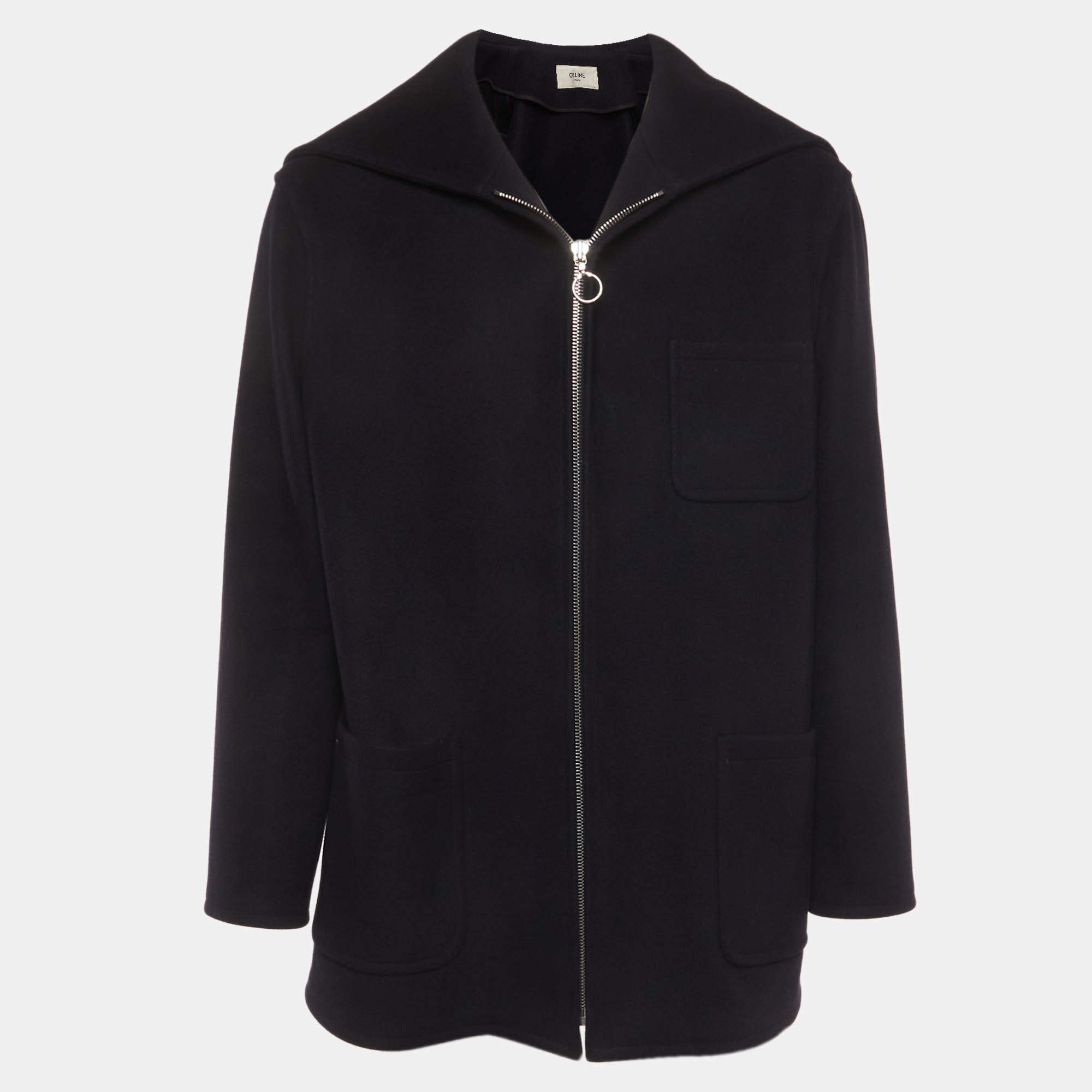 مملوكة مسبقًا Celine Navy Blue Wool Open Collar Caban Jacket XL