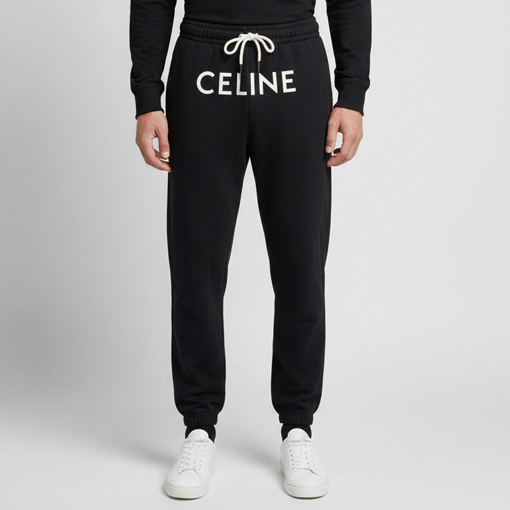 Pre Owned Celine Black Logo Print Cotton Knit Track Pants M