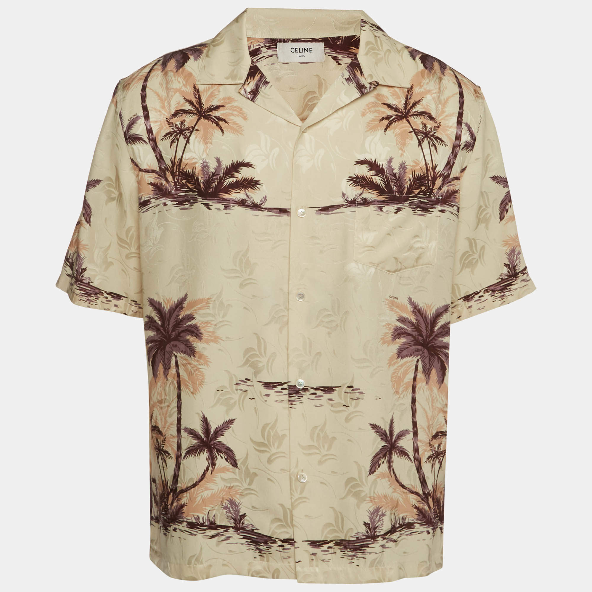 مملوكة مسبقًا Celine Beige Hawaiian Palm Tree Print Silk Bowling Shirt L