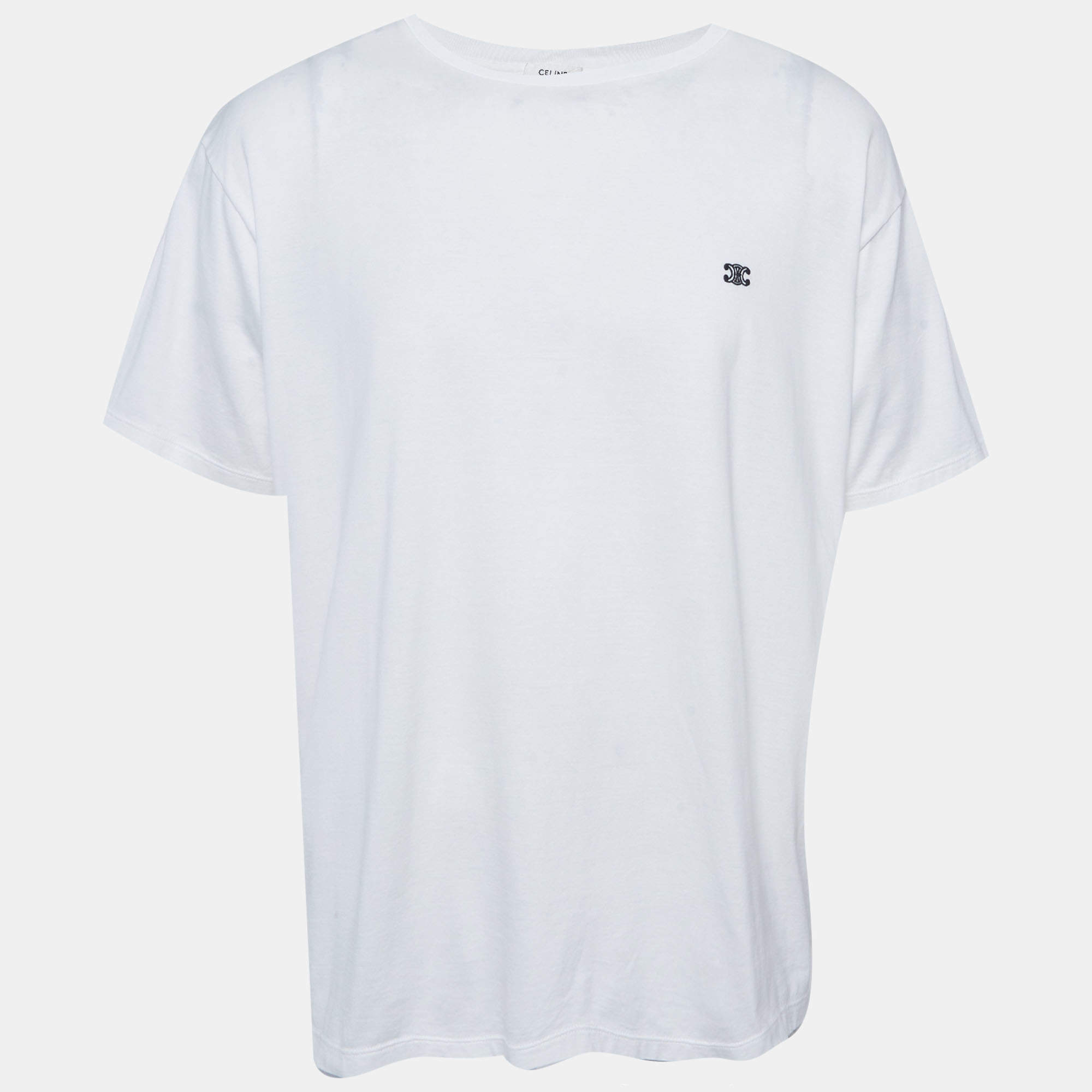 Pre Owned Celine White Triomphe Embroidered Jersey Oversized T-Shirt L