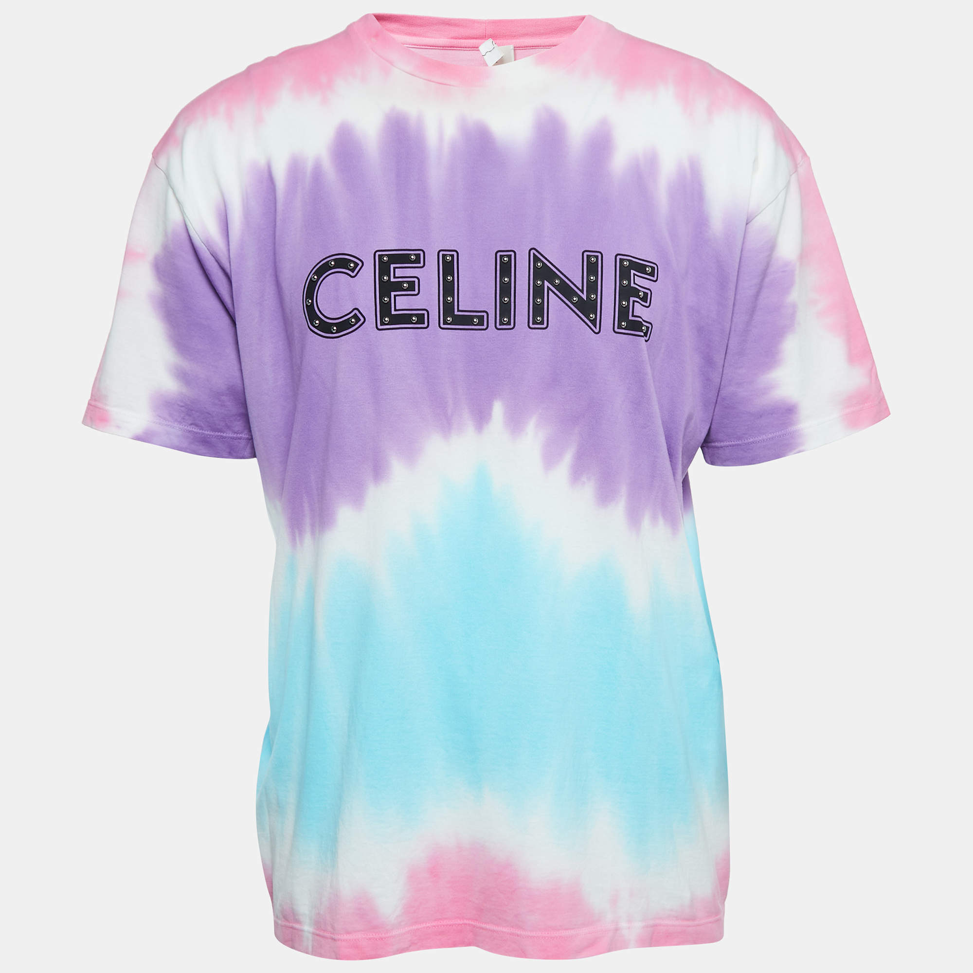 Pre Owned Celine Multicolor Studded Logo Print Cotton Crew Neck T-Shirt L