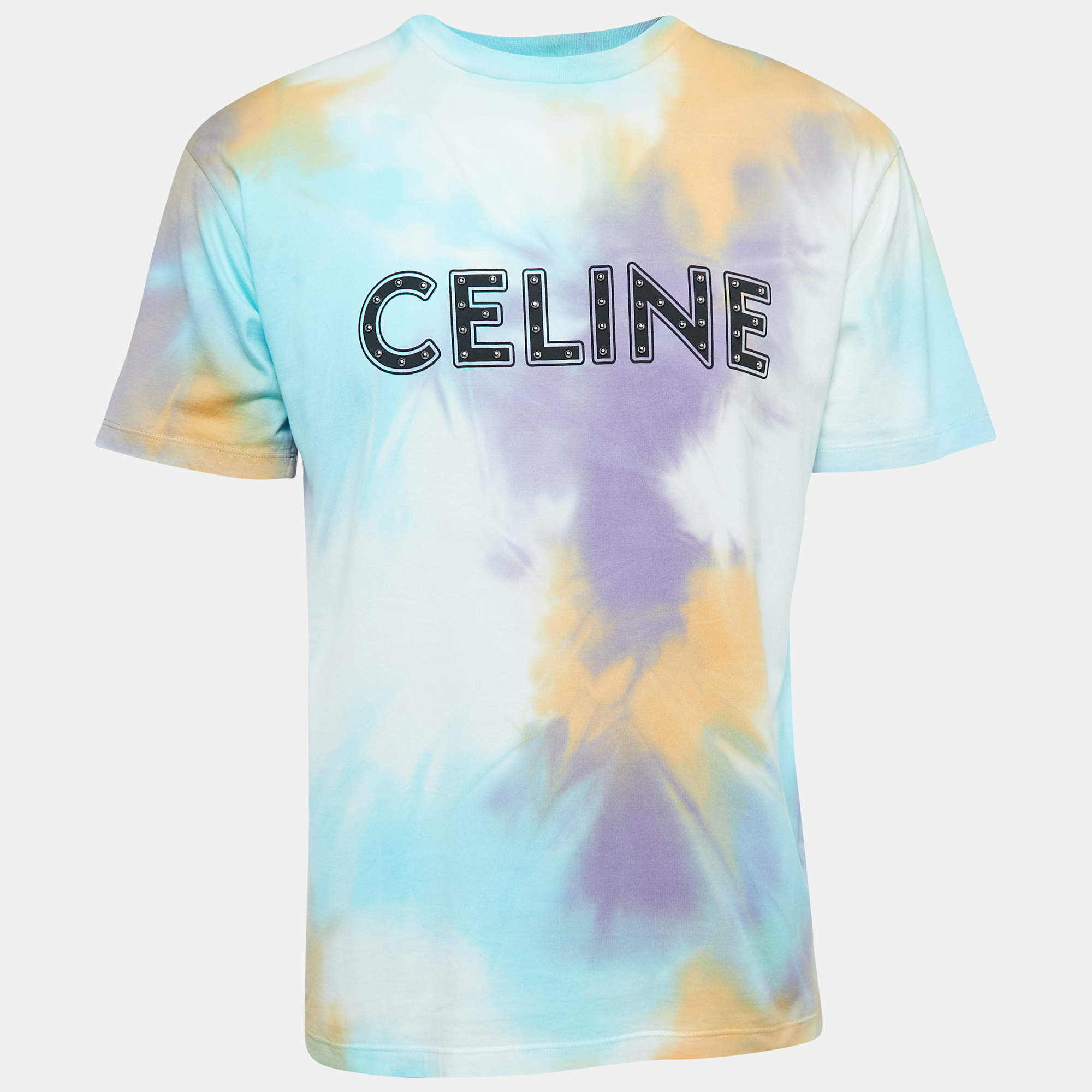 Celine Multicolor Studded Logo Print Tie Dye Cotton Crew Neck T-Shirt S