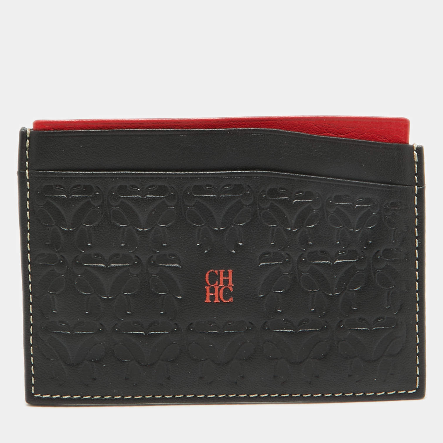 CH Carolina Herrera Black/Red Embossed Leather Card Holder