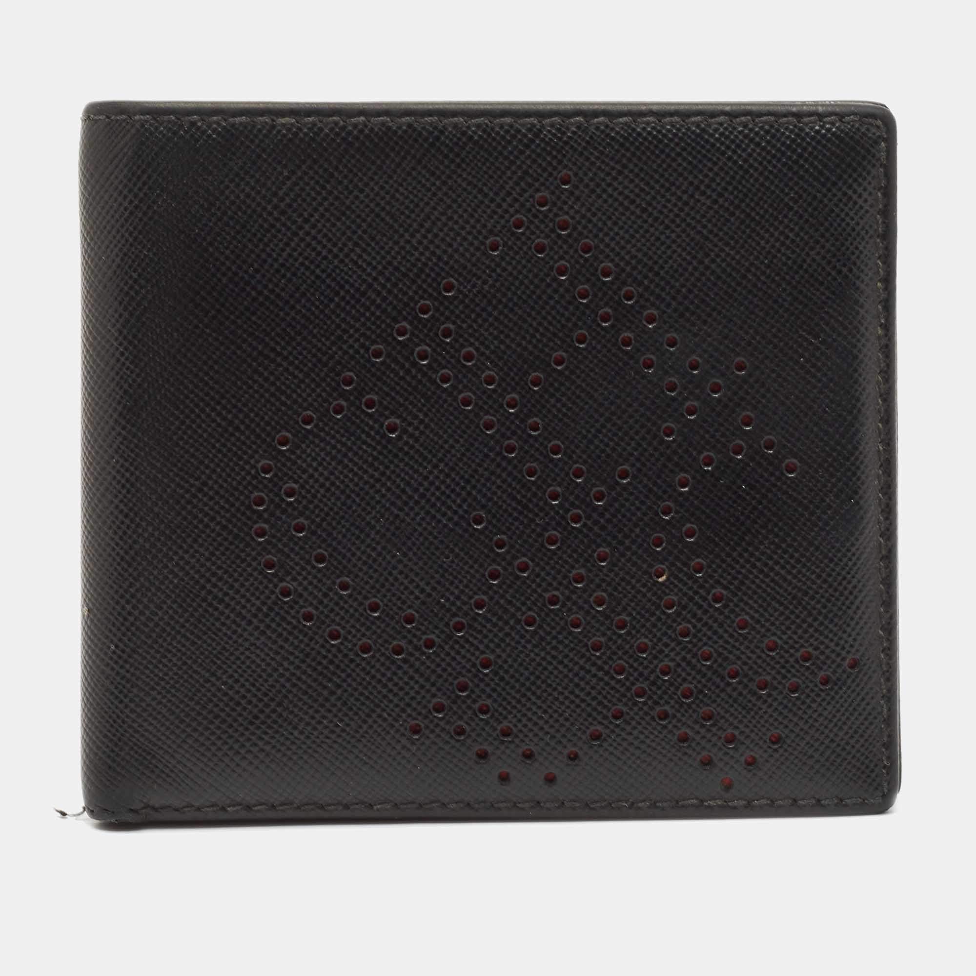 CH Carolina Herrera Black Leather Perforated Logo Bifold Wallet