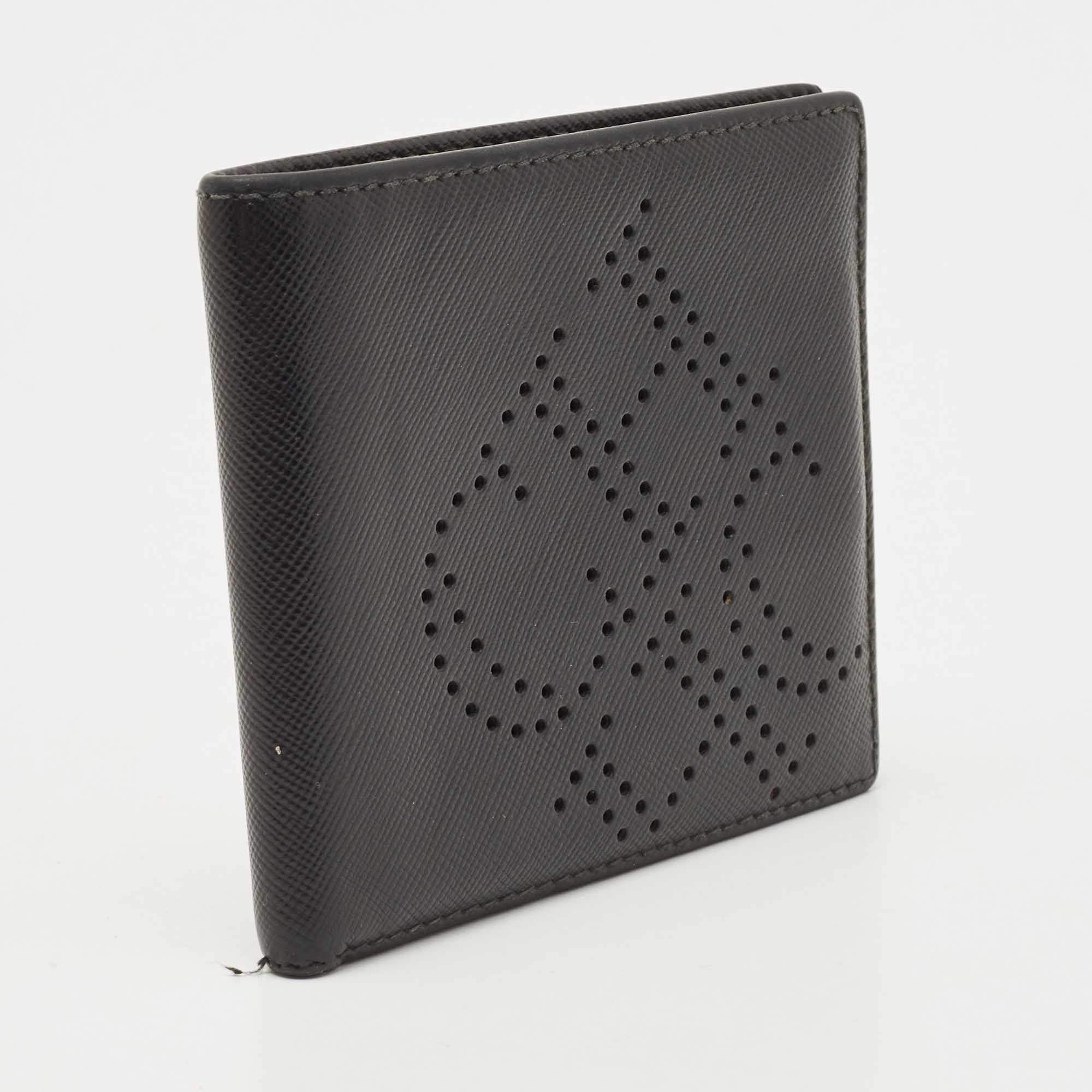 Pre Owned CH Carolina Herrera Black Leather Perforated Logo Bifold Wallet