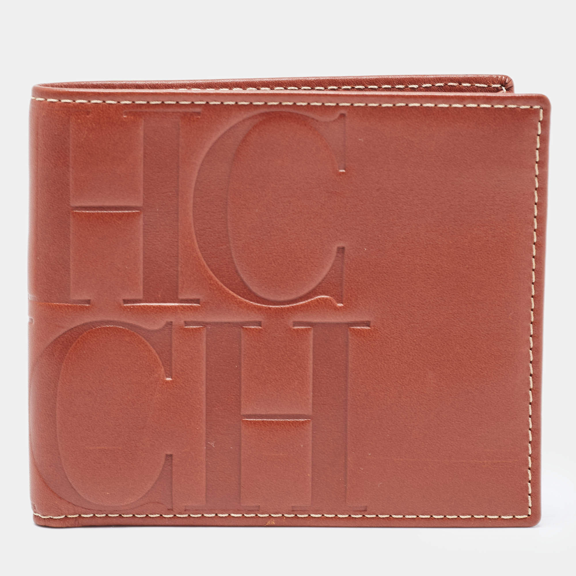 CH Carolina Herrera Tan Monogram Embossed Leather Bifold Wallet