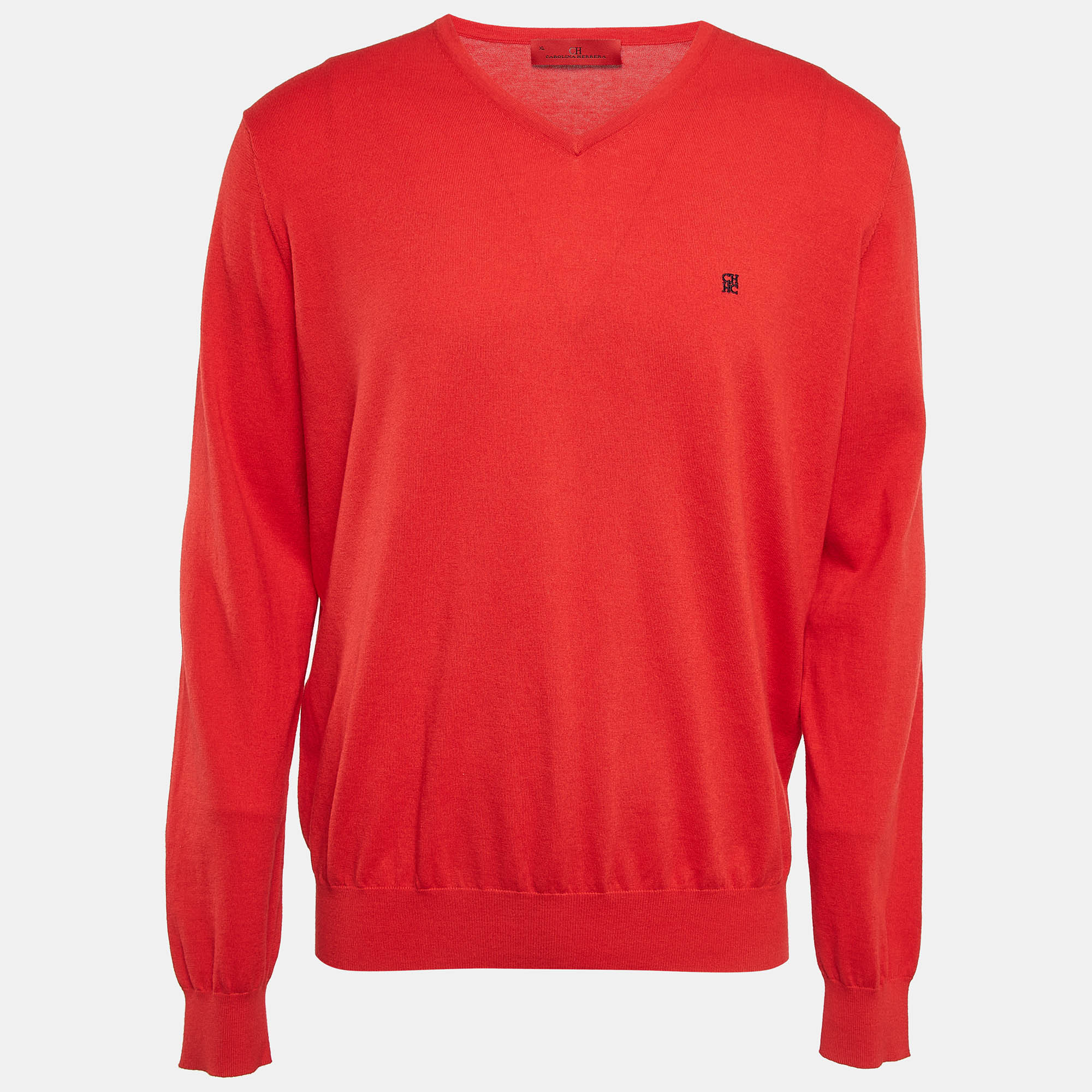 CH Carolina Herrera Red Wool Knit V-Neck Sweater XL