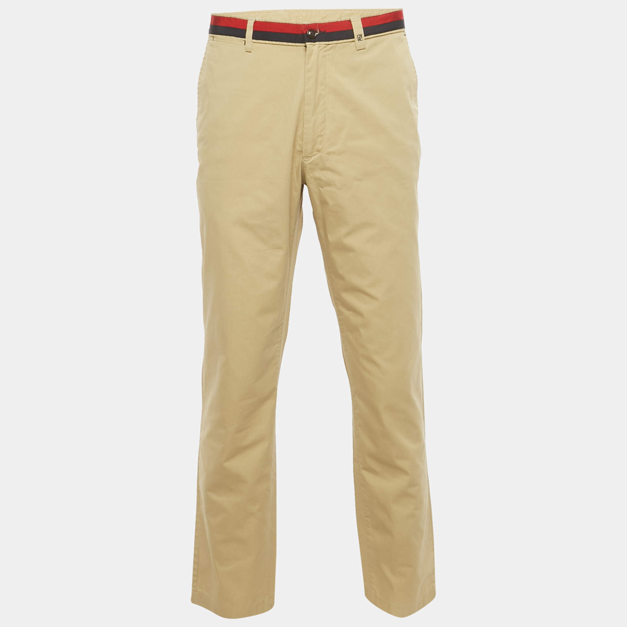 مملوكة مسبقًا CH Carolina Herrera Beige Cotton Logo Stripe Waist Detail Pants XXL