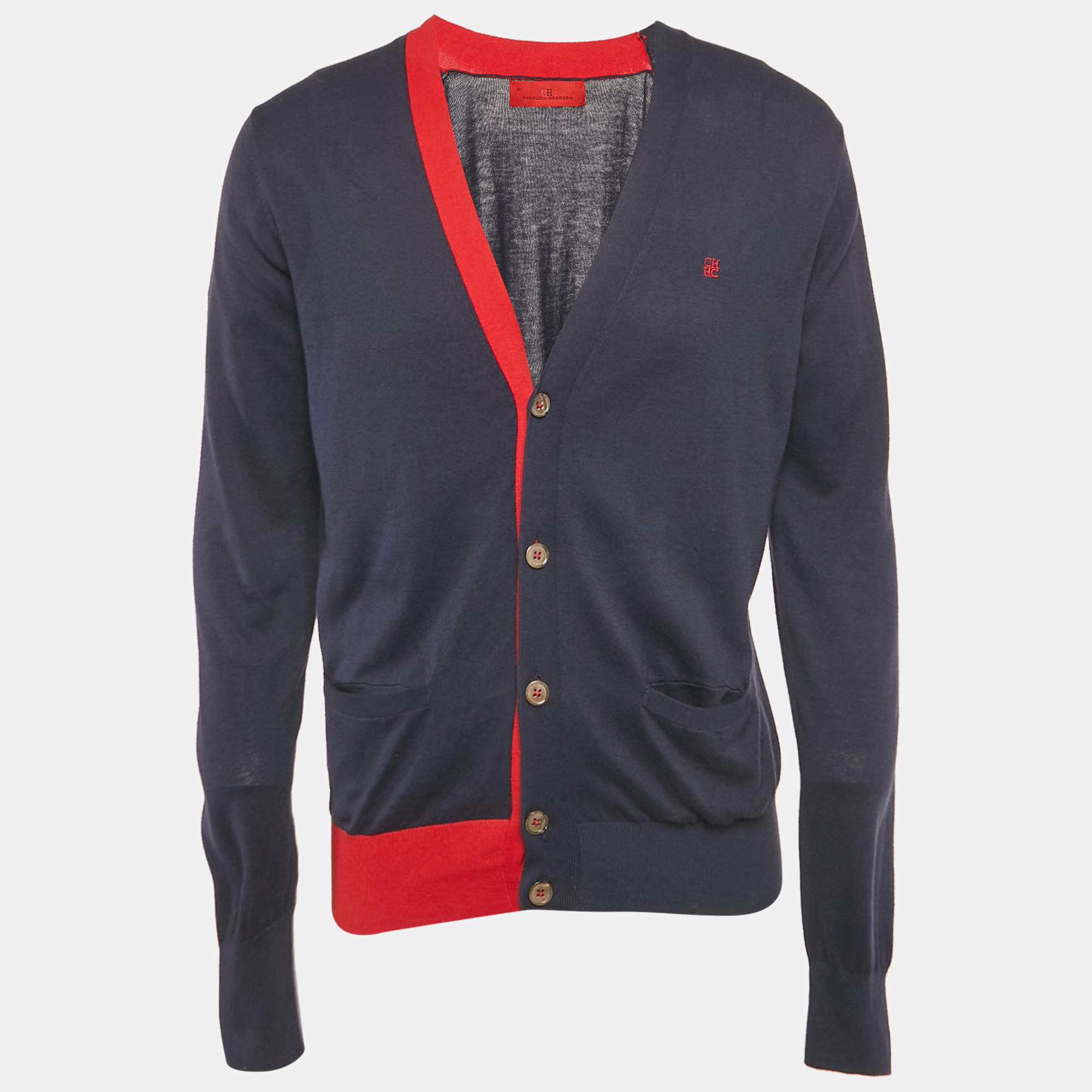 Pre Owned CH Carolina Herrera Blue Cotton Knit Cardigan M