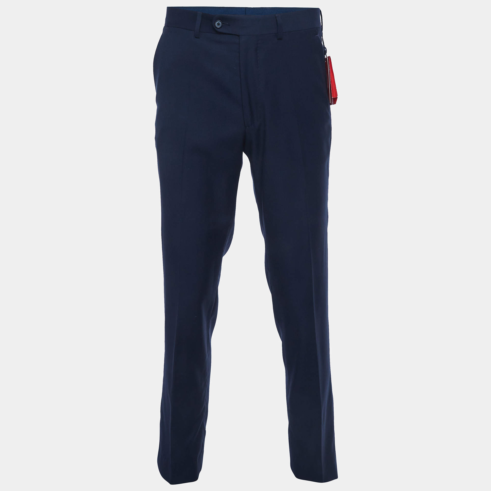 Pre Owned CH Carolina Herrera Navy Blue Gabardine Regular Fit Pants S