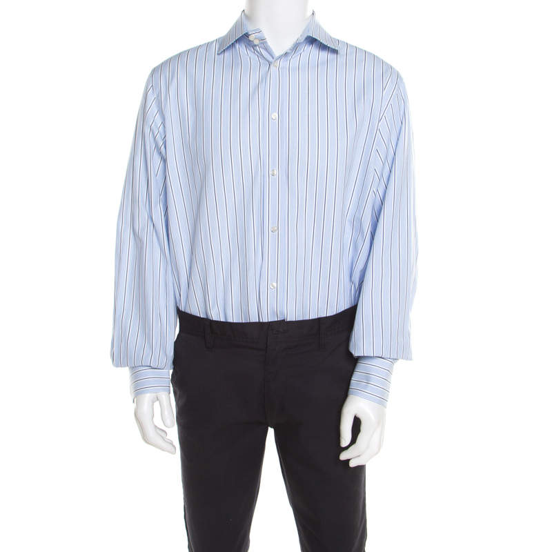 Pre Owned CH Carolina Herrera Blue and White Striped Cotton Long Sleeve Button Front Shirt 3XL