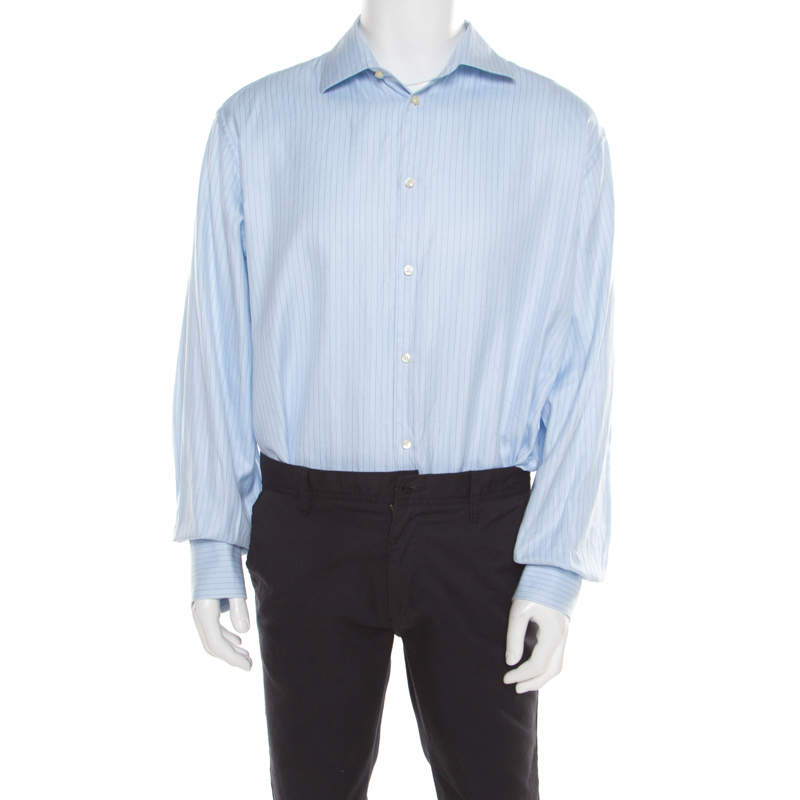 Pre Owned CH Carolina Herrera Blue Striped Cotton Jacquard Long Sleeve Button Front Shirt 3XL