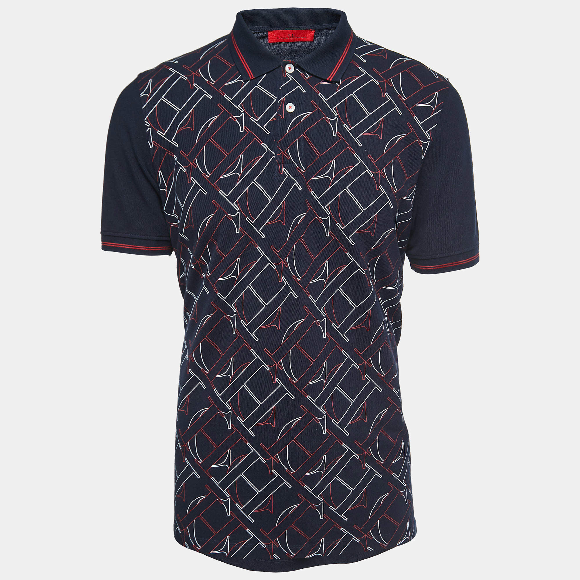 CH Carolina Herrera Navy Blue Logo Print Cotton Pique Polo T-Shirt L