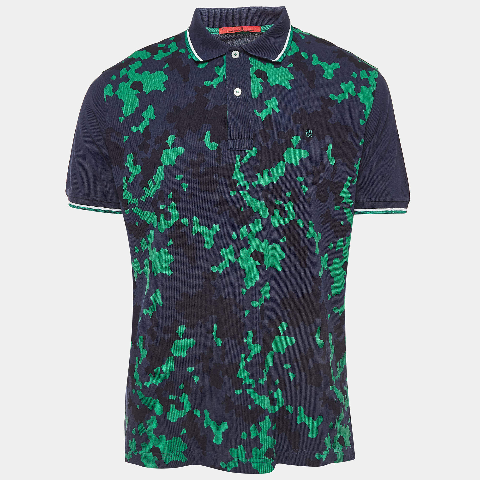 CH Carolina Herrera Navy Blue Camouflage Print Cotton Pique Polo T-Shirt XL