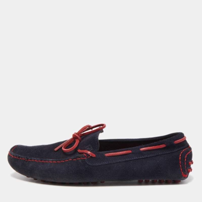 Pre Owned CH Carolina Herrera Navy Blue/Red Suede Bow Loafers Size 42