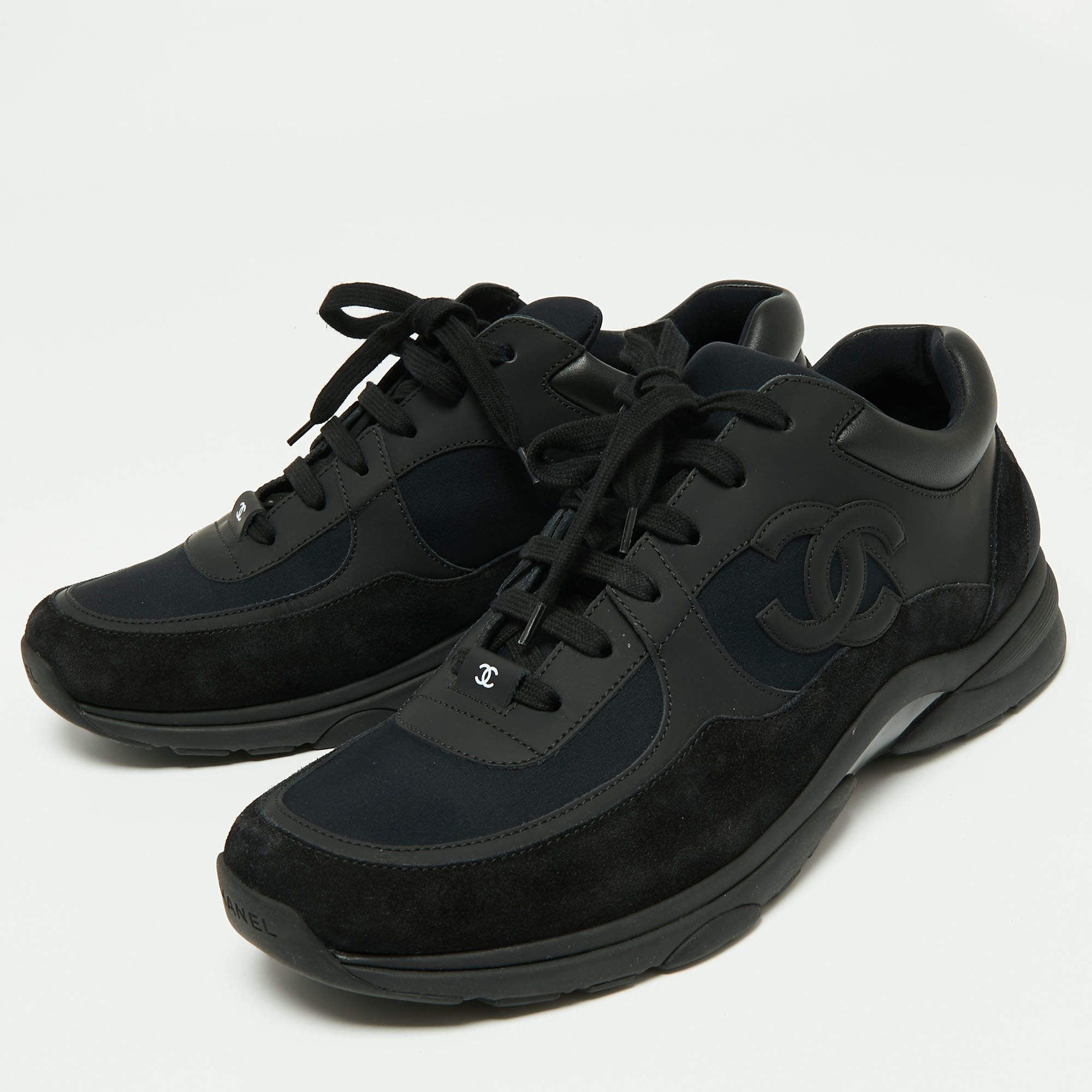 Chanel Black Suede, Nylon and Leather CC Low-Top Sneakers Size 45