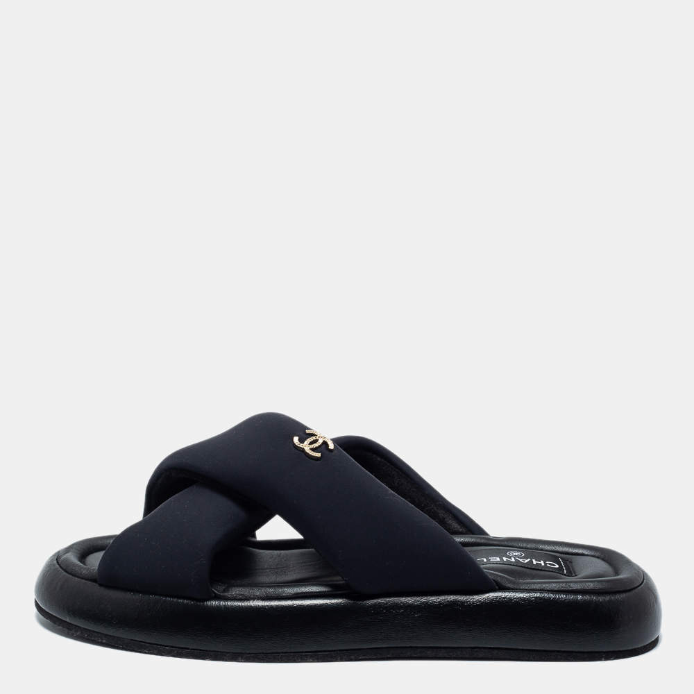 Chanel Black Fabric CC Slide Sandals Size 42