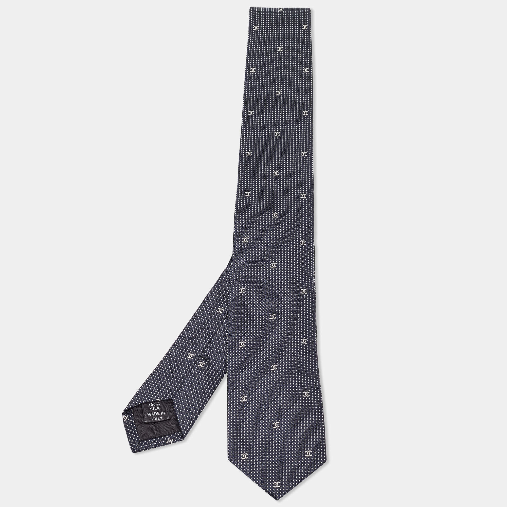 Chanel Navy Blue CC Patterned Silk Tie 
