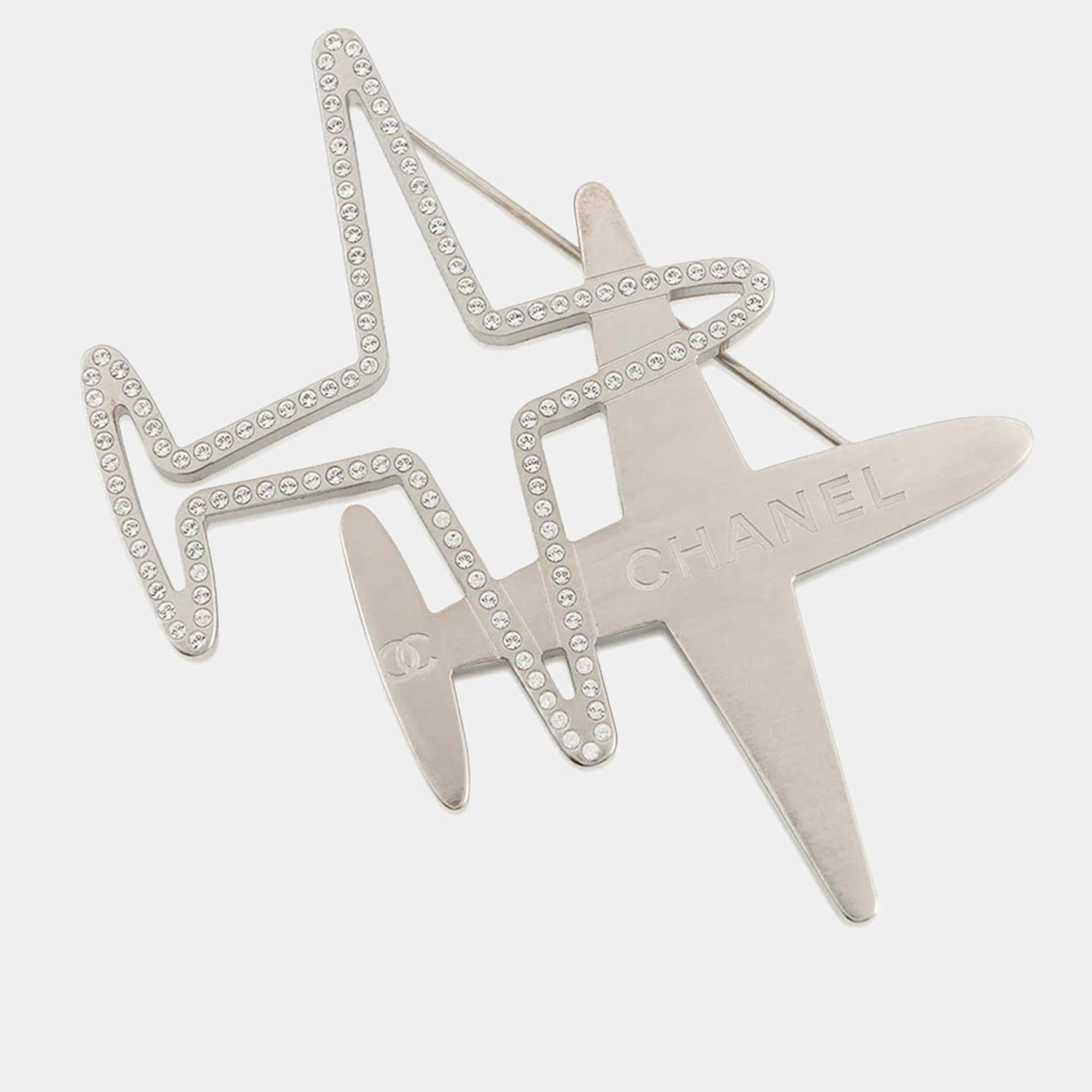 Pre Owned Chanel Airplane Motif Brooch Silver Metal Rhinestone