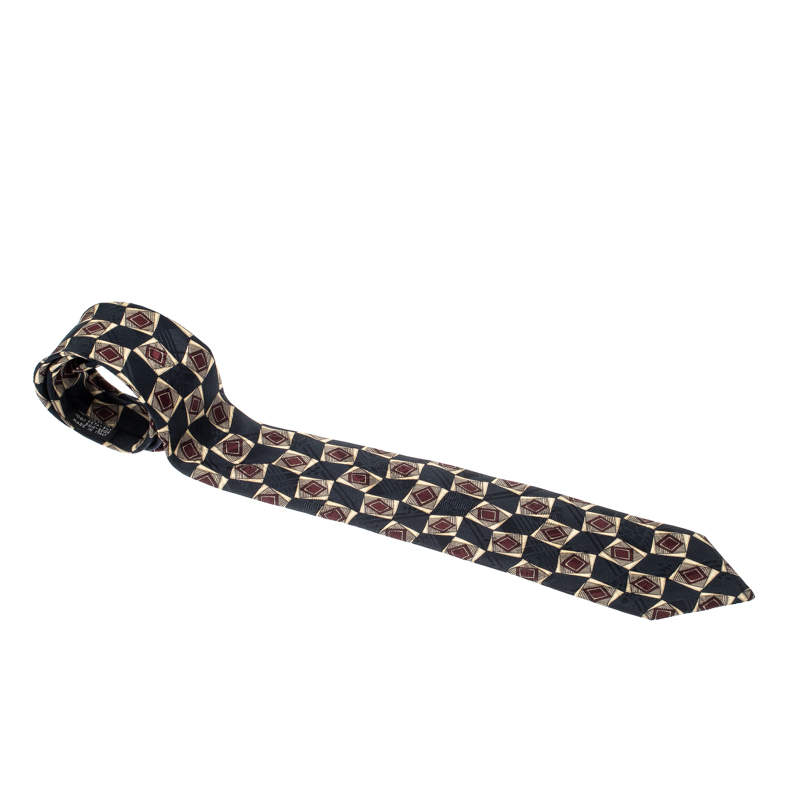 Chanel Vintage Navy Blue Geometric Print Silk Jacquard Tie 