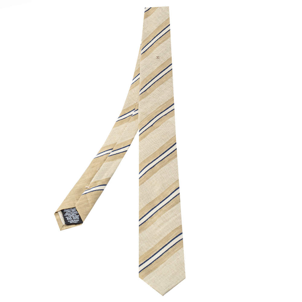 Chanel Beige Diagonal Striped Linen & Cotton Skinny Tie