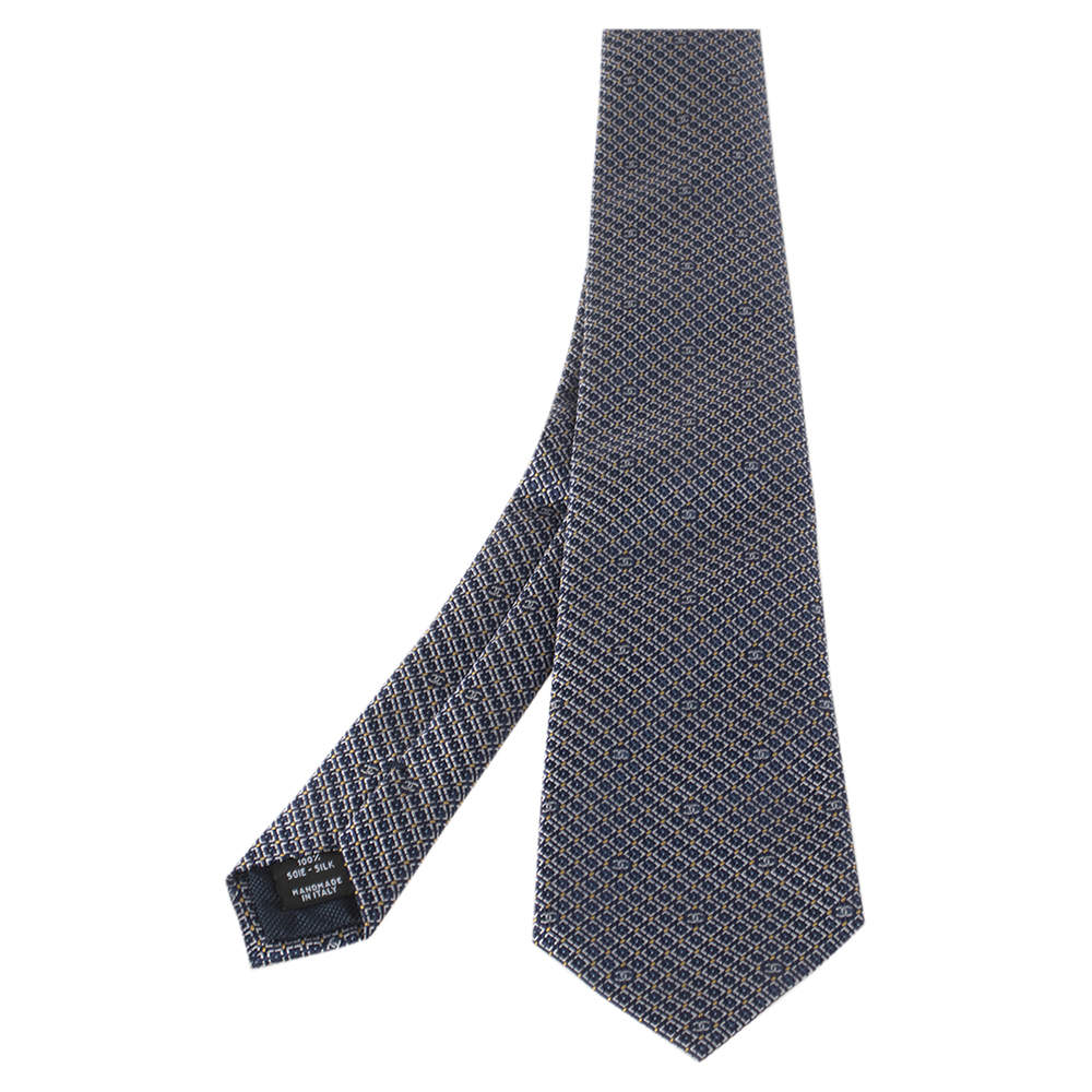 Pre Owned Chanel Navy Blue Geometric Jacquard Silk Tie