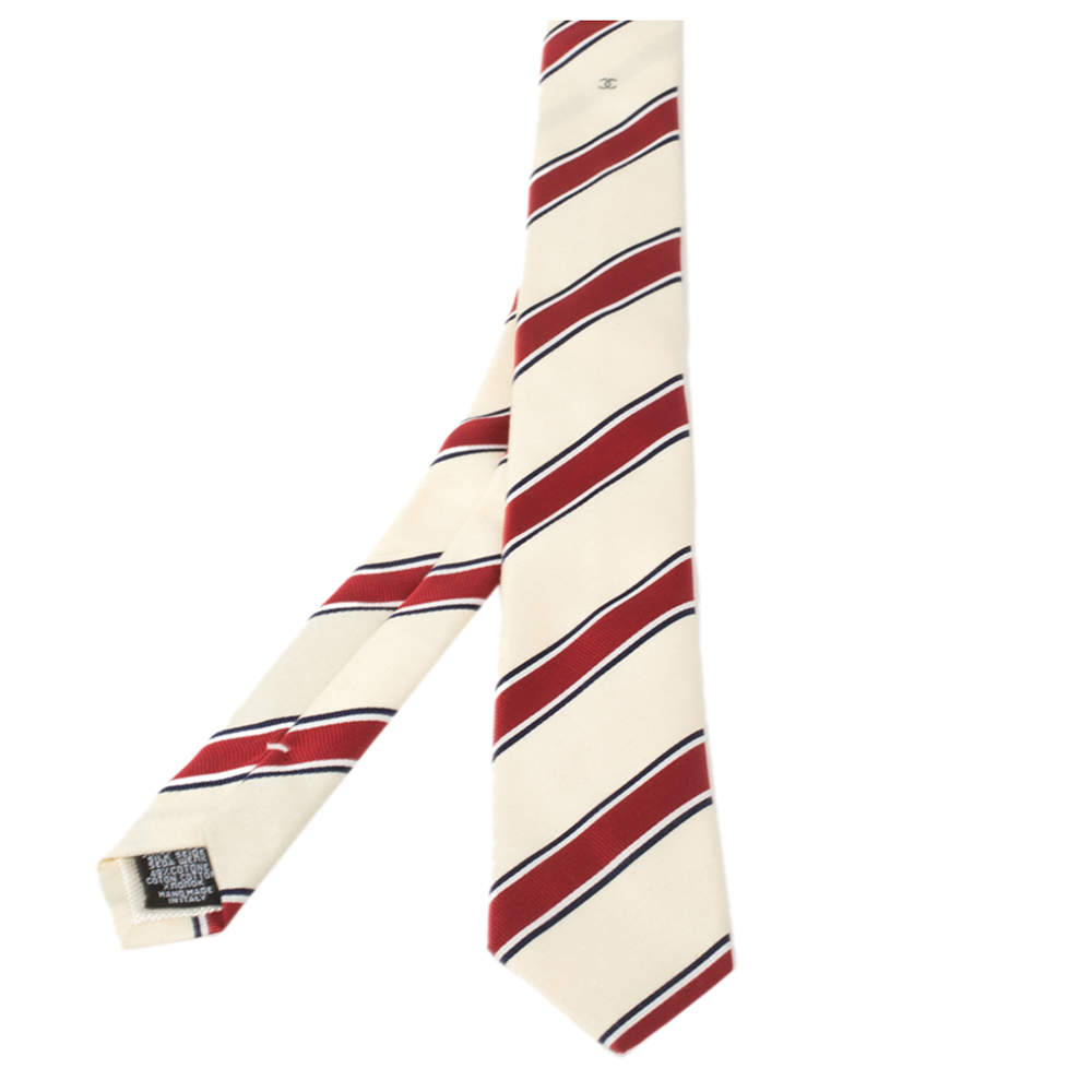 Pre Owned Chanel Cream & Red Diagonal Striped Silk Skinny Tie