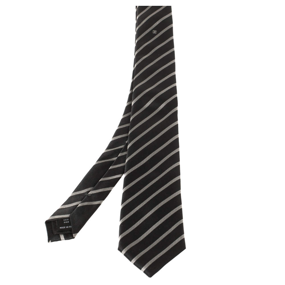 Chanel Black Diagonal Striped Silk Skinny Tie