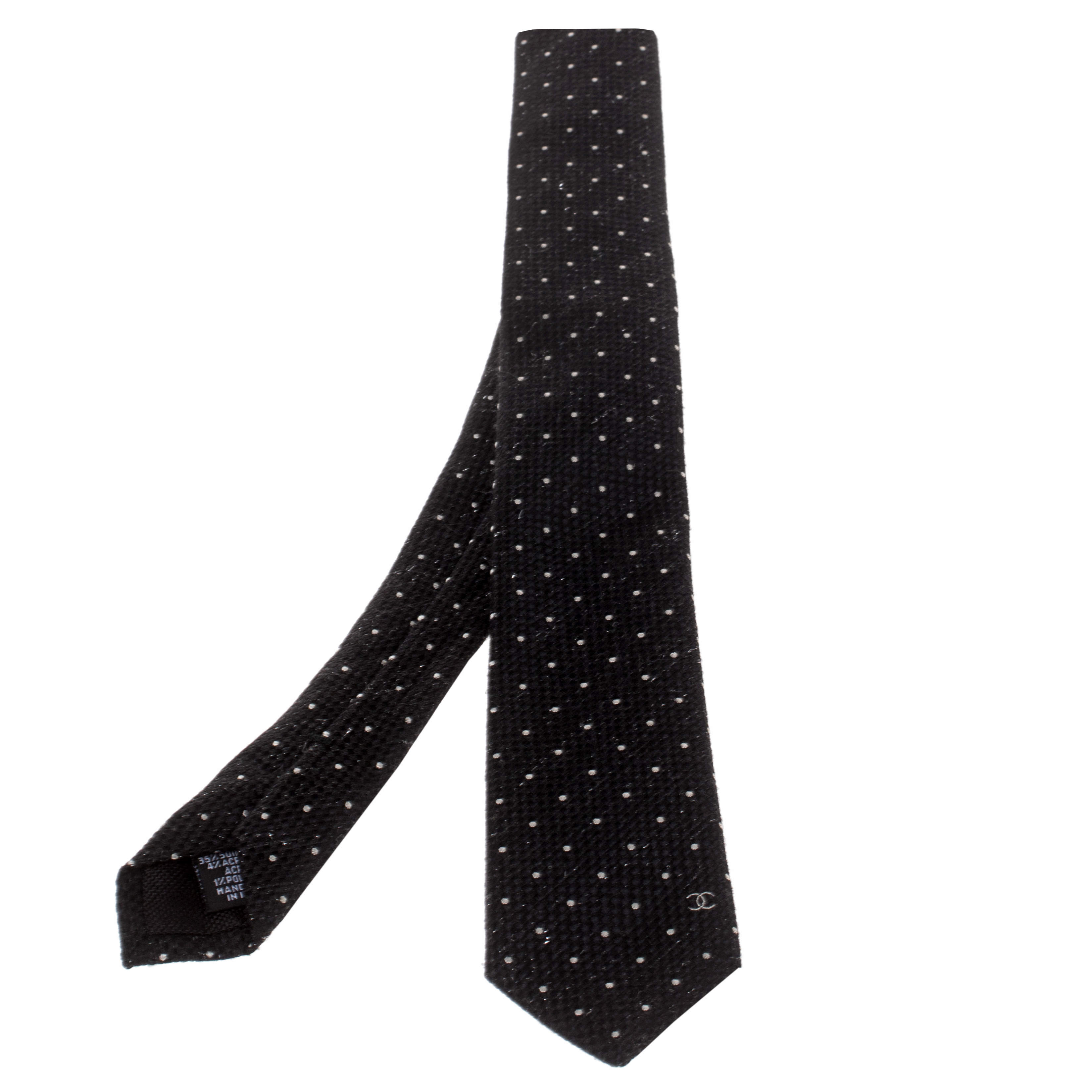 Pre Owned Chanel Black Dot Lurex Textured Skinny Silk Tie