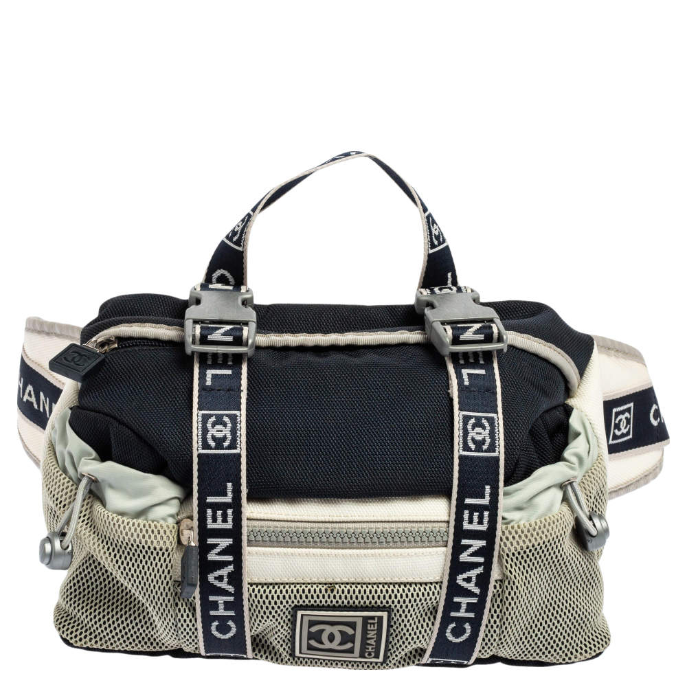 Chanel Navy Blue/White Nylon And Mesh Vintage CC Belt Bag Chanel TLC