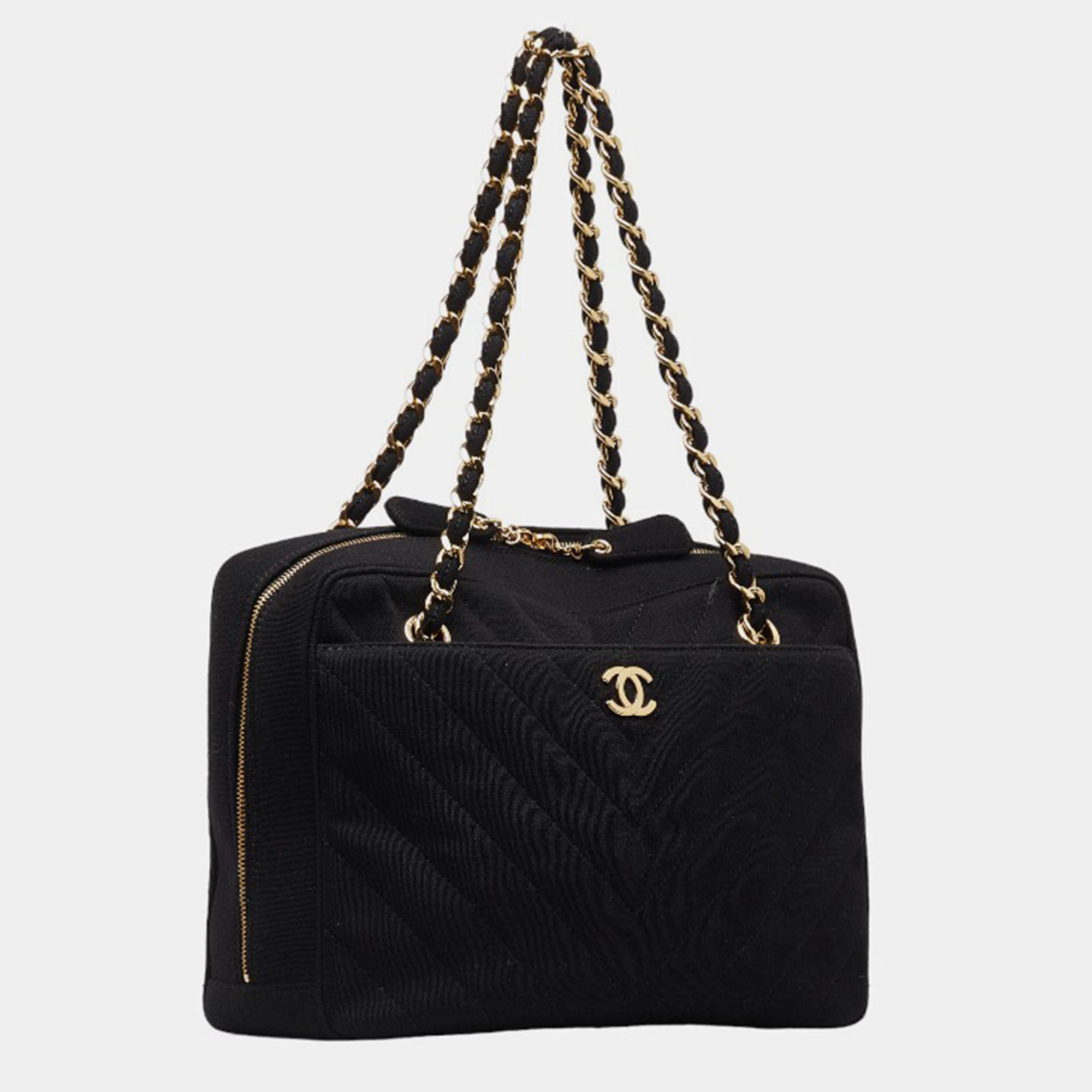Chanel Black Jersey CC Chevron Pocket Camera Bag