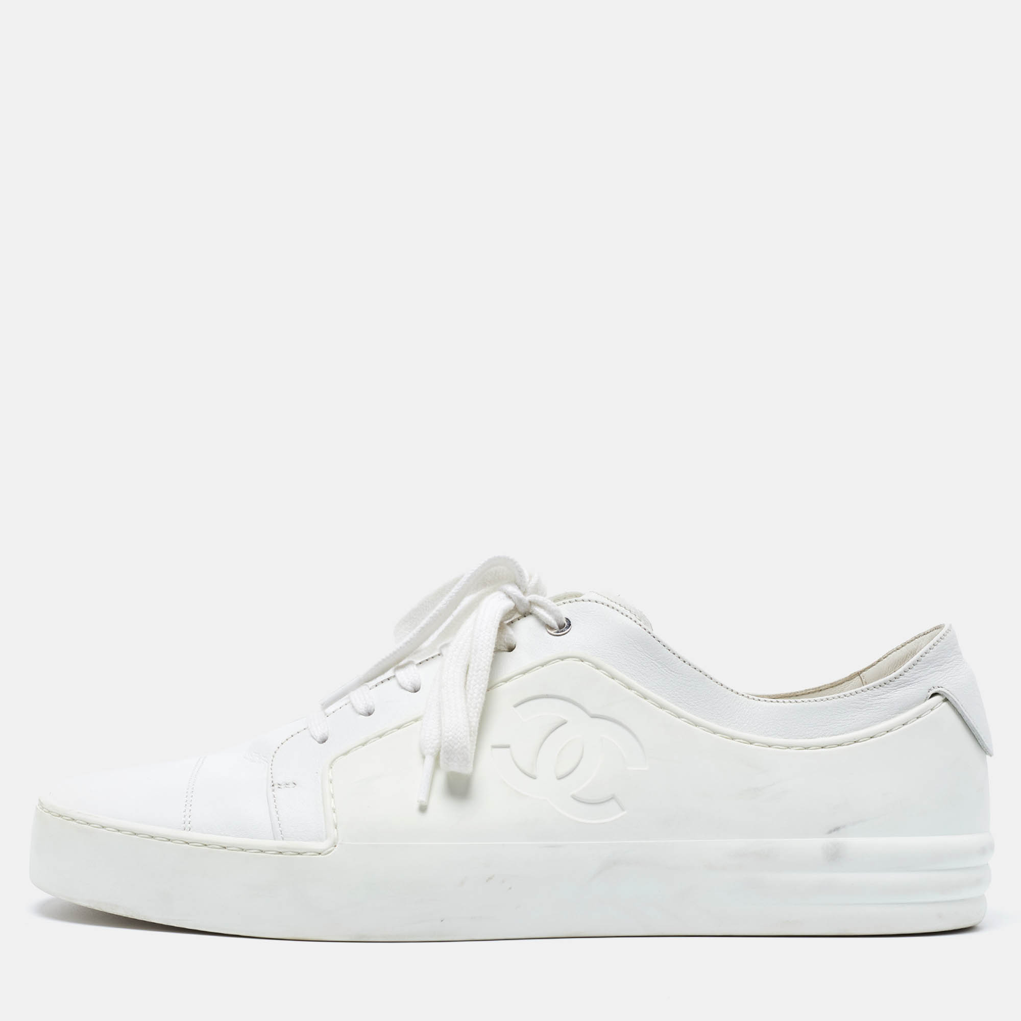 Chanel  White Rubber and Leather CC Trainer Low Top Sneakers Size 44