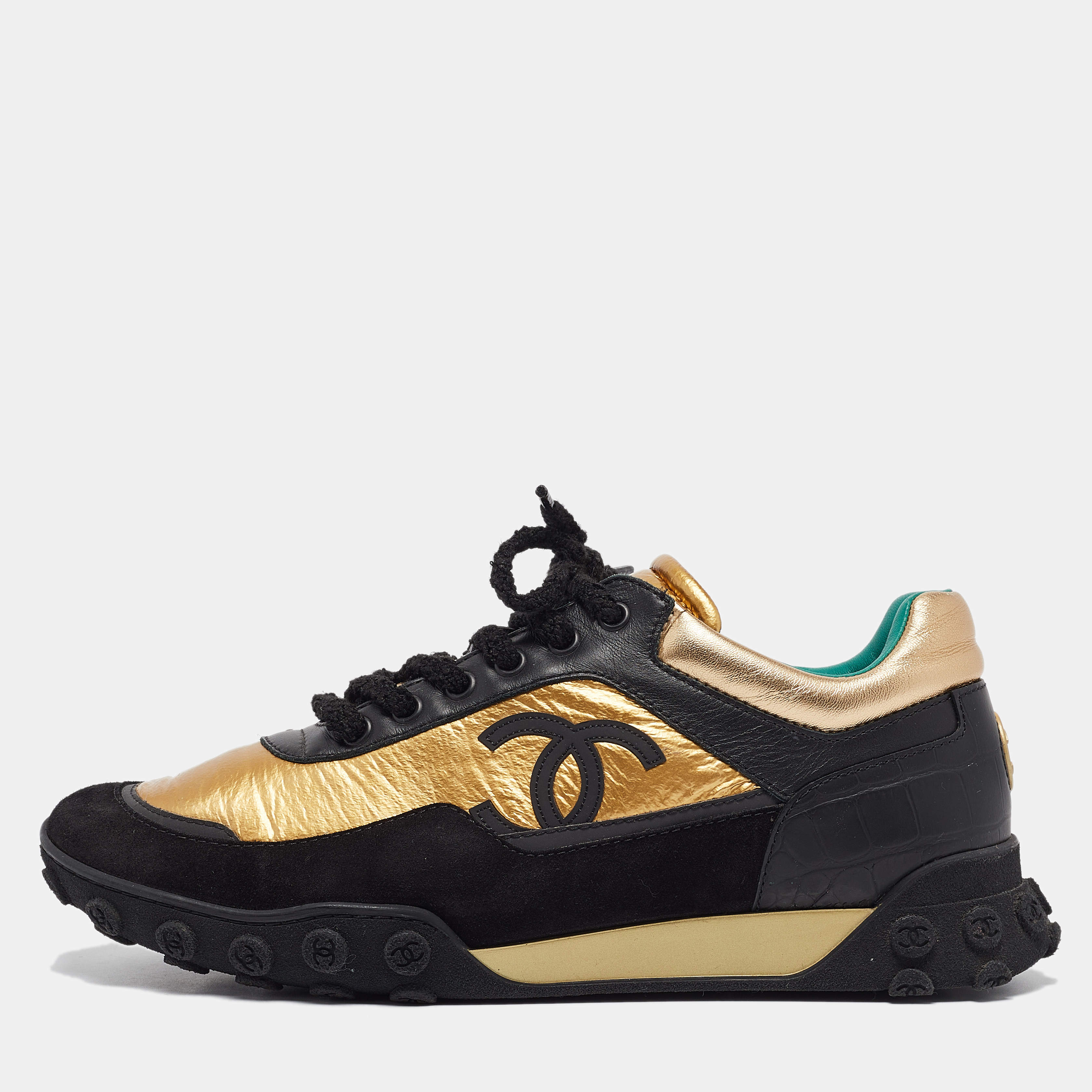 Chanel Gold Leather and Nylon CC Lace Up Sneakers  Size 43