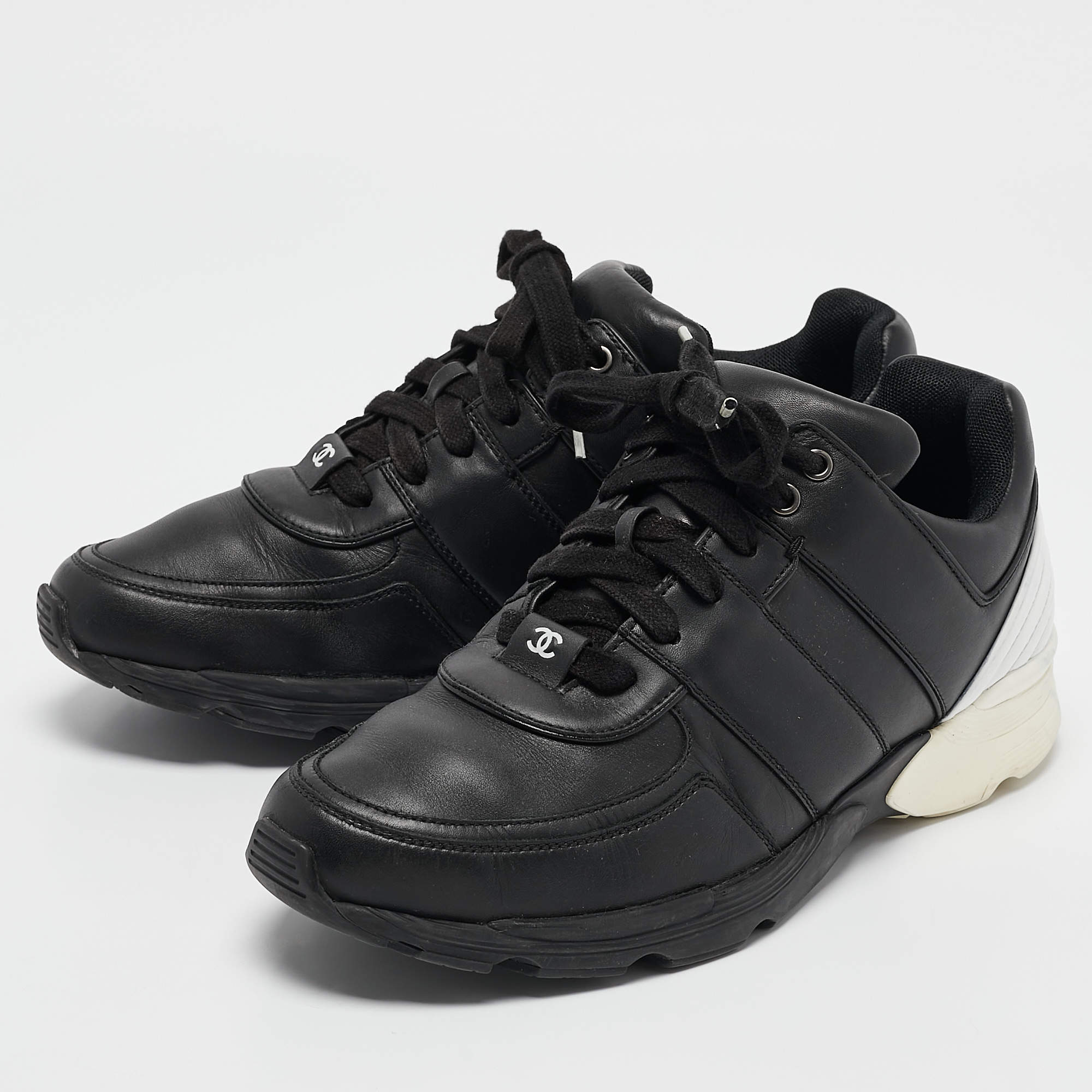 Chanel Black Leather CC Cap Toe Low Top Sneakers Size 44