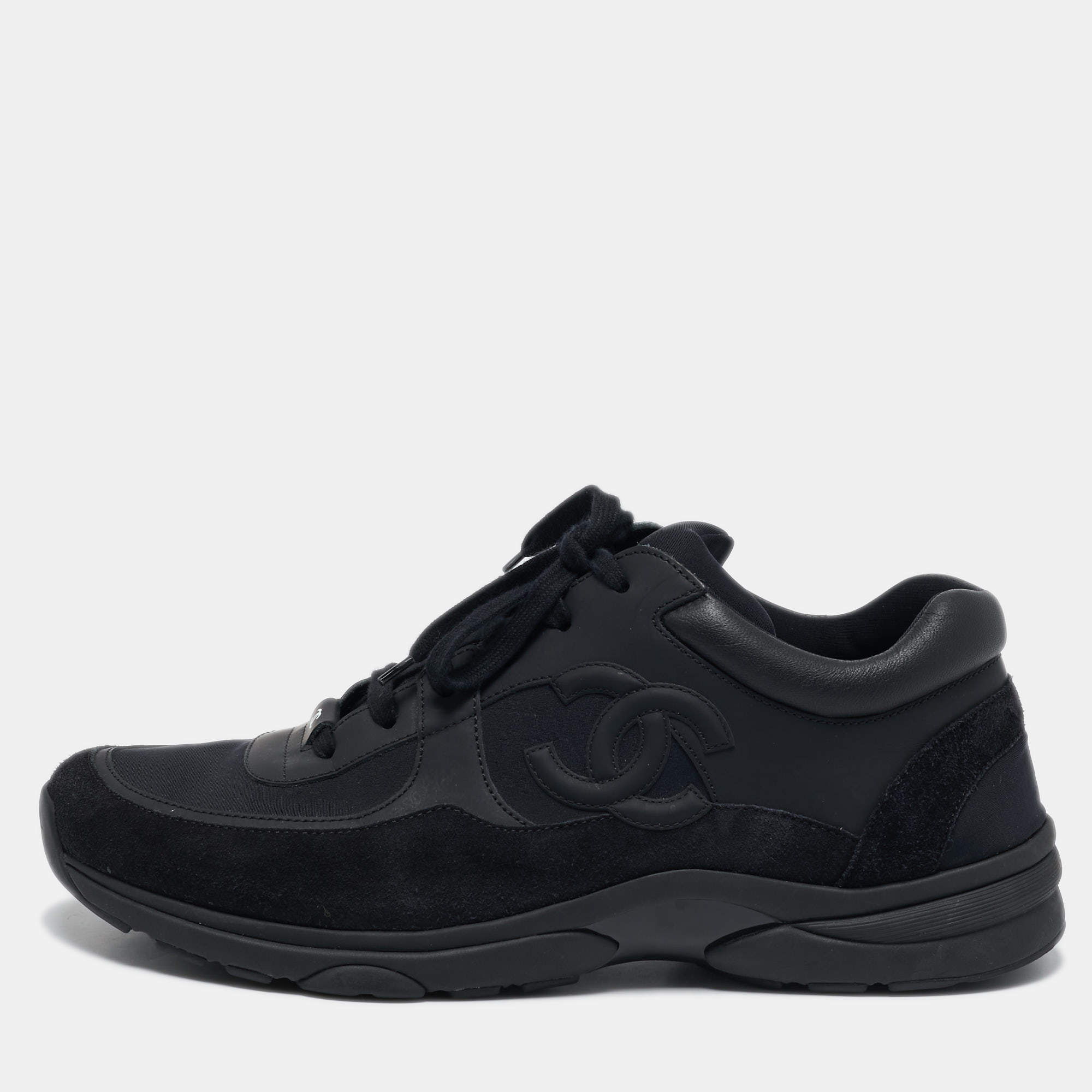 Chanel Black Leather and Suede CC Lace Up Sneakers Size 44