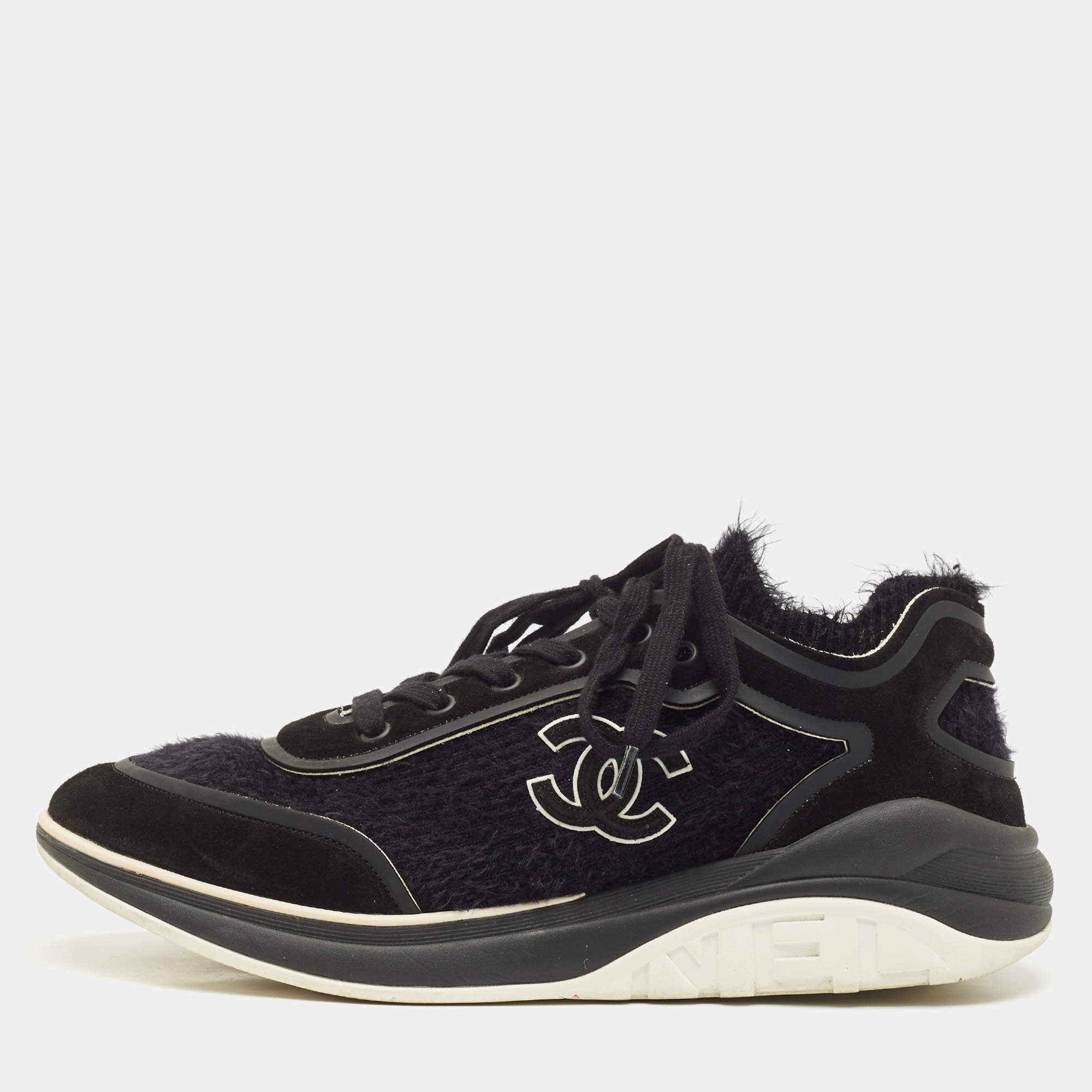 Chanel Black Suede and Tweed CC Low Top Sneakers Size 43
