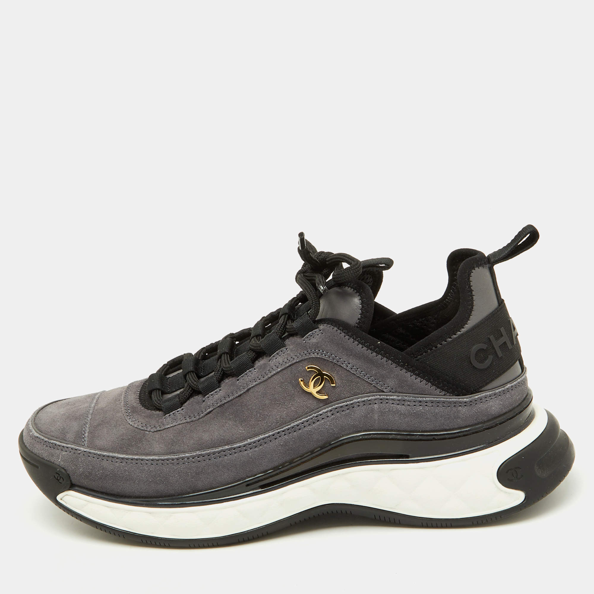 Chanel Grey/Black Suede Interlocking CC Low Top Sneakers Size 40.5
