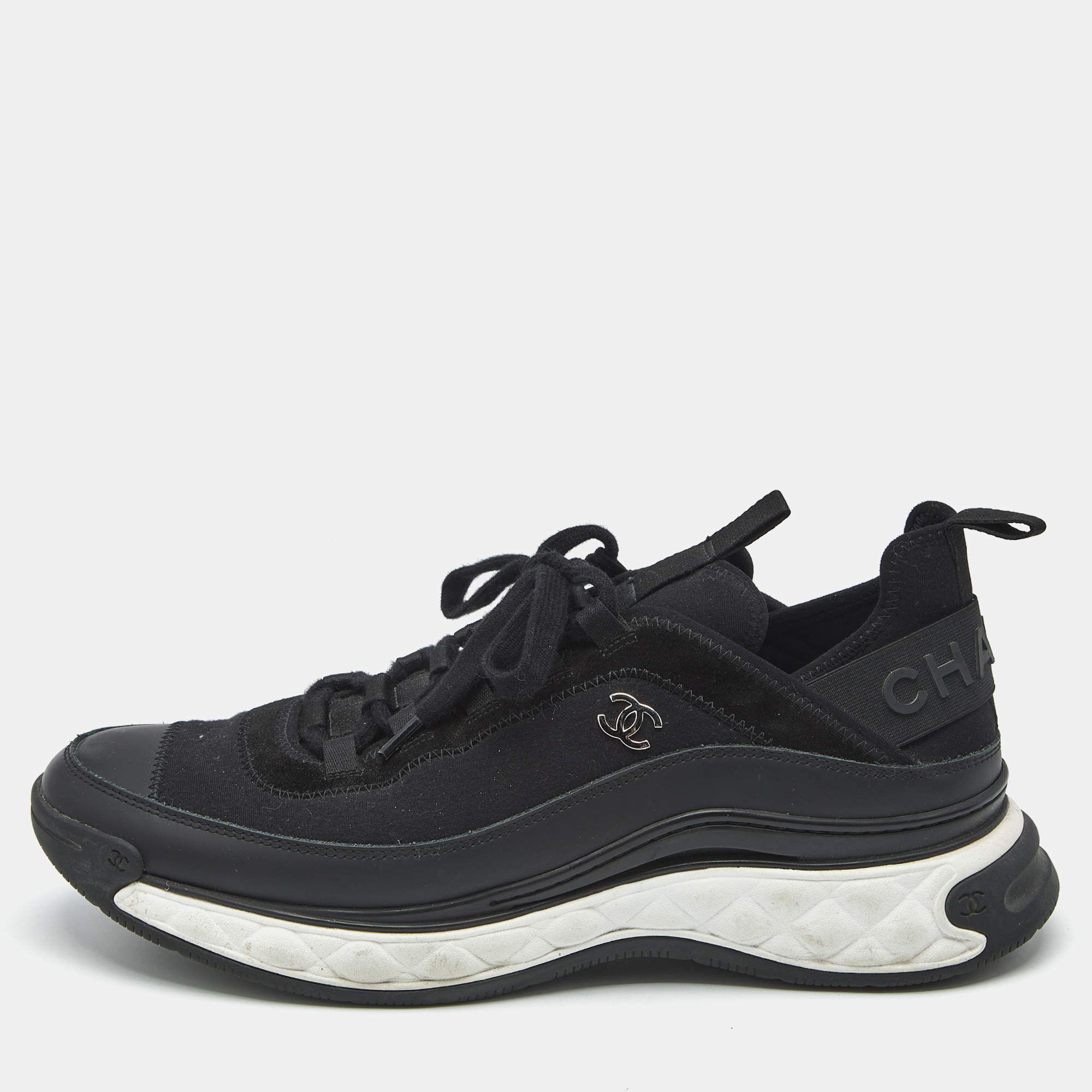 Pre Owned Chanel Black Fabric and Suede CC Low Top Sneakers Size 44