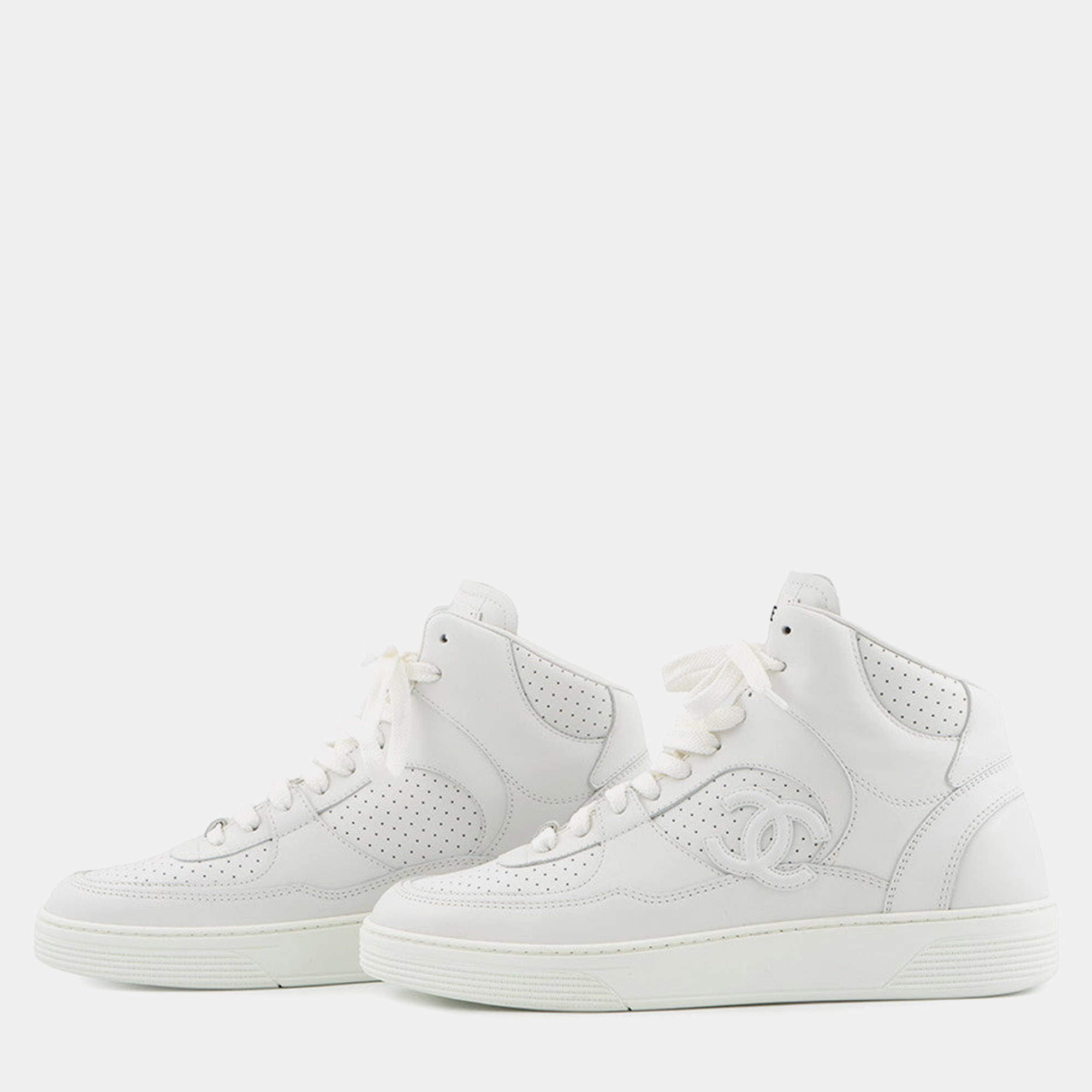 Pre Owned Chanel High Cut Sneakers White Leather Size 41