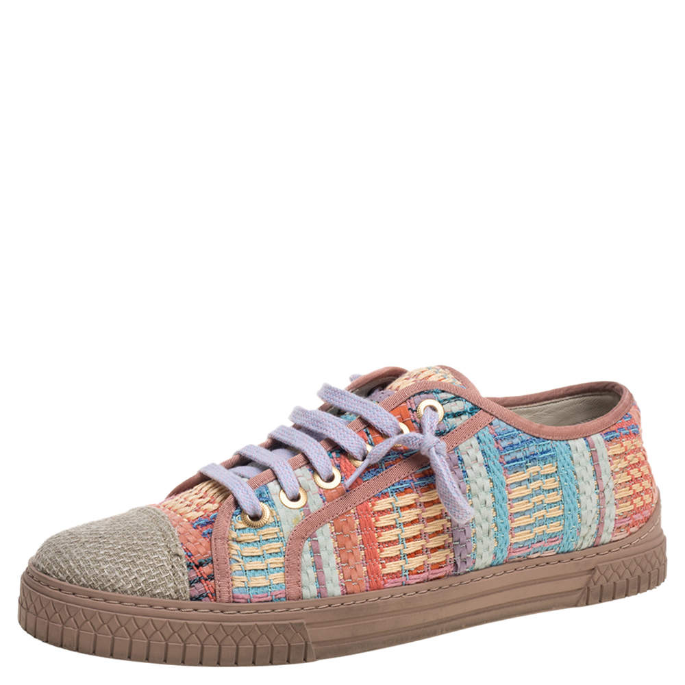 Pre Owned Chanel Multicolor Tweed Fabric Cap Toe Low Top Sneakers Size 42