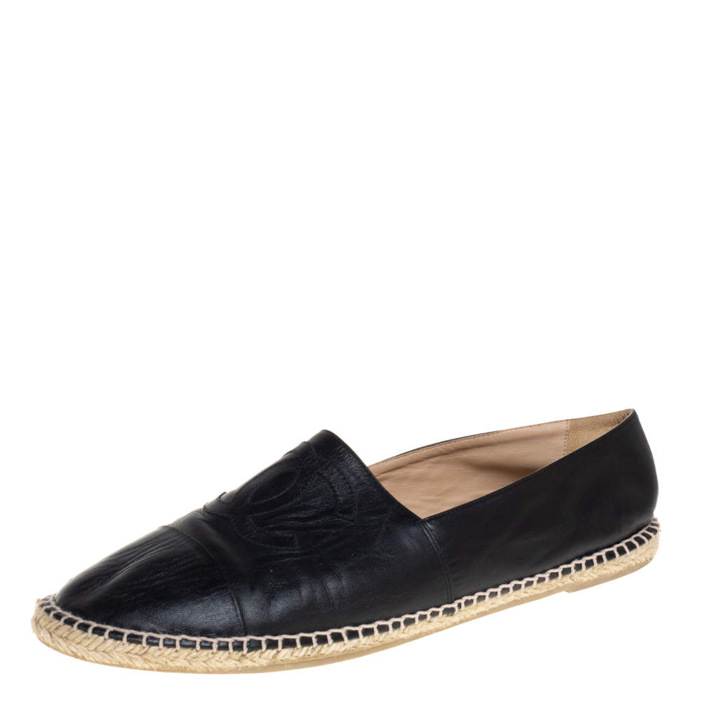 Chanel Black Leather CC Slip On Espadrilles Size 45