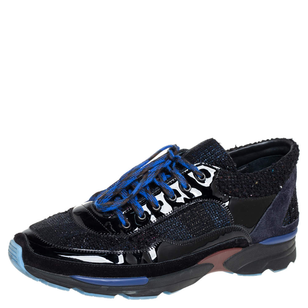 Chanel Black Patent Leather And Tweed Low Top Sneakers Size 44