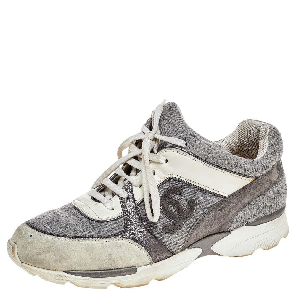 Chanel Grey Suede And Tweed CC Low Top Sneakers Size 41