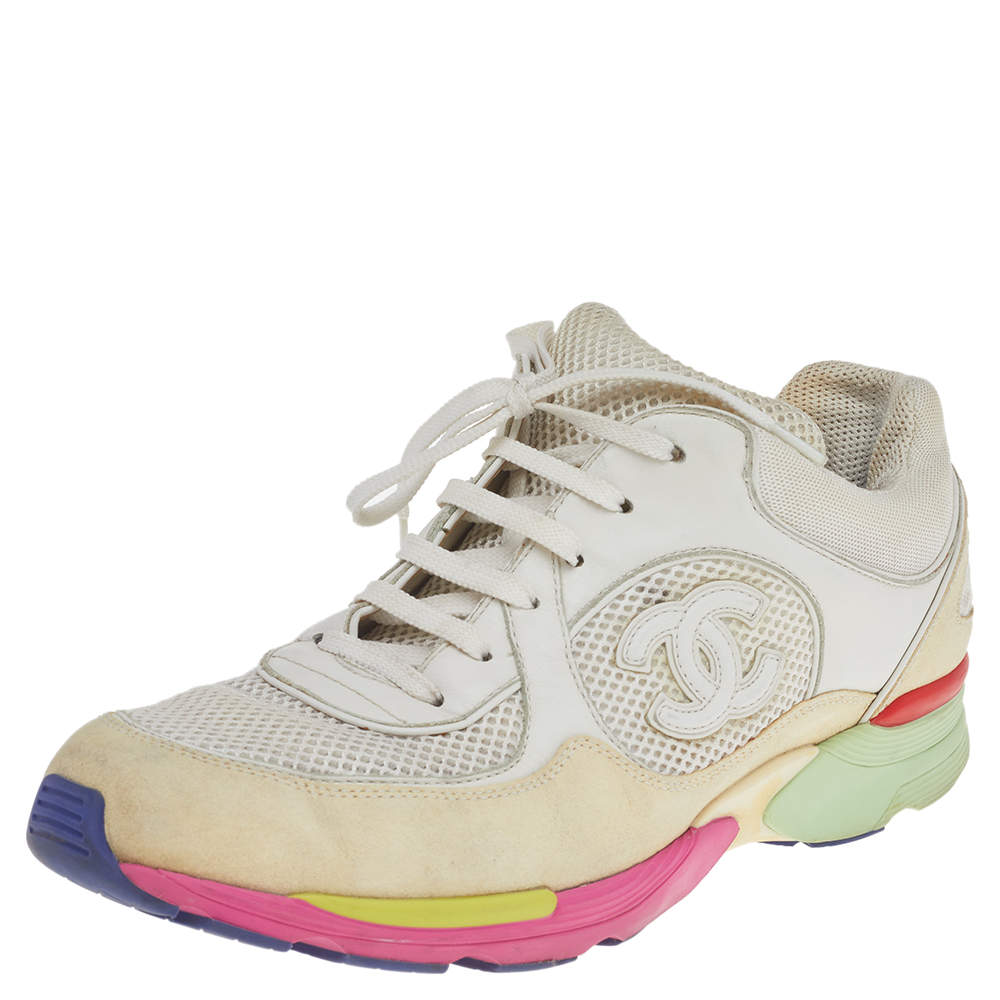 Chanel White/Cream Mesh And Suede CC Low Top Sneakers Size 42