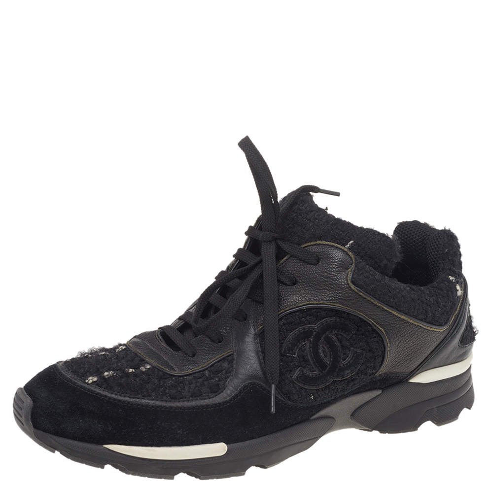 Pre Owned Chanel Black Tweed And Suede CC Low Top Sneakers Size 41