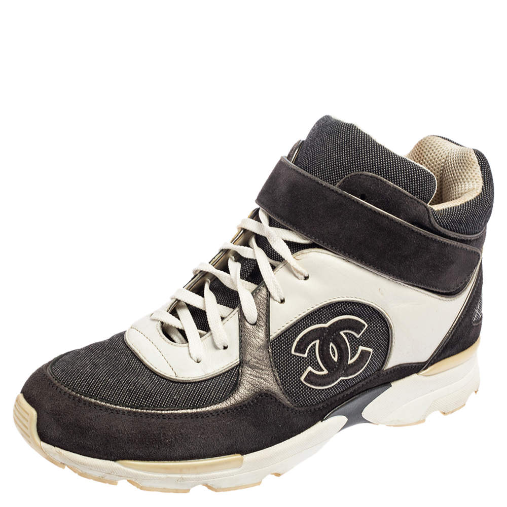 Chanel Grey-White Canvas, Suede, And Leather CC Mid Top Sneakers Size 41